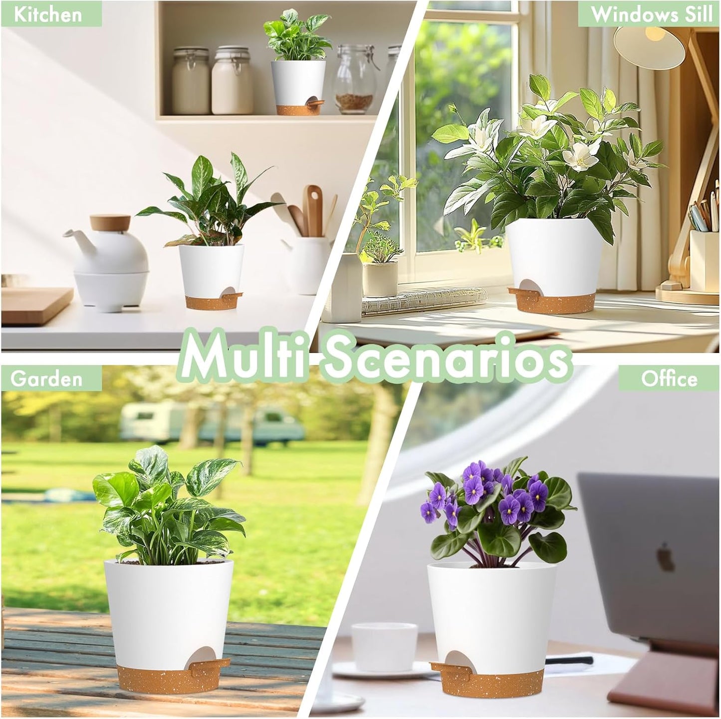 4 inch Self Watering Pots for Indoor Outdoor Plants, 6 Pack Plastic Flower Planters with Drainage Holes and Removable Saucers, Plant Pots with Wicking Rope, Modern Decor, White Brown