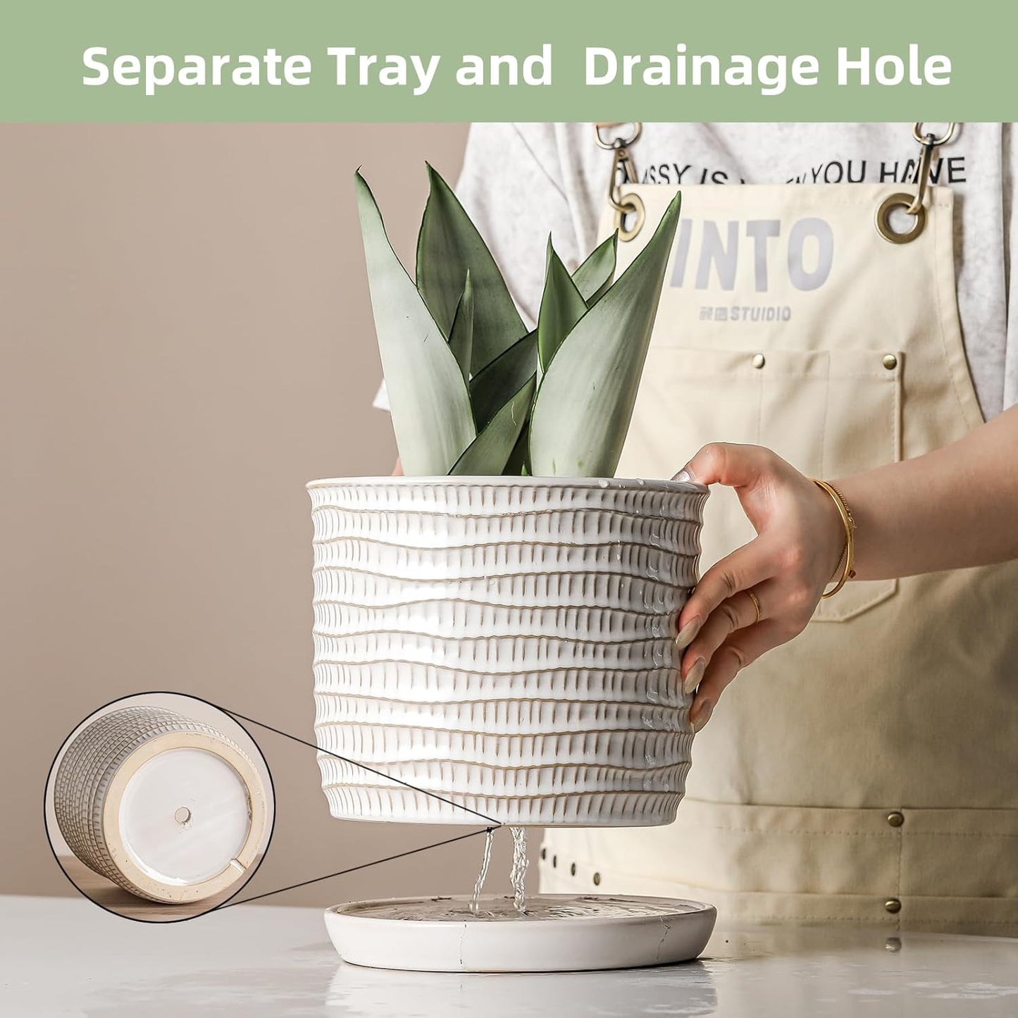 8 Inch Plant Pot: Ceramic Planter with Drainage Hole & Saucer - Cream White Flowerpot for Indoor & Outdoor Plants - with Separate Tray for Home & Office - Wave Embossed Design