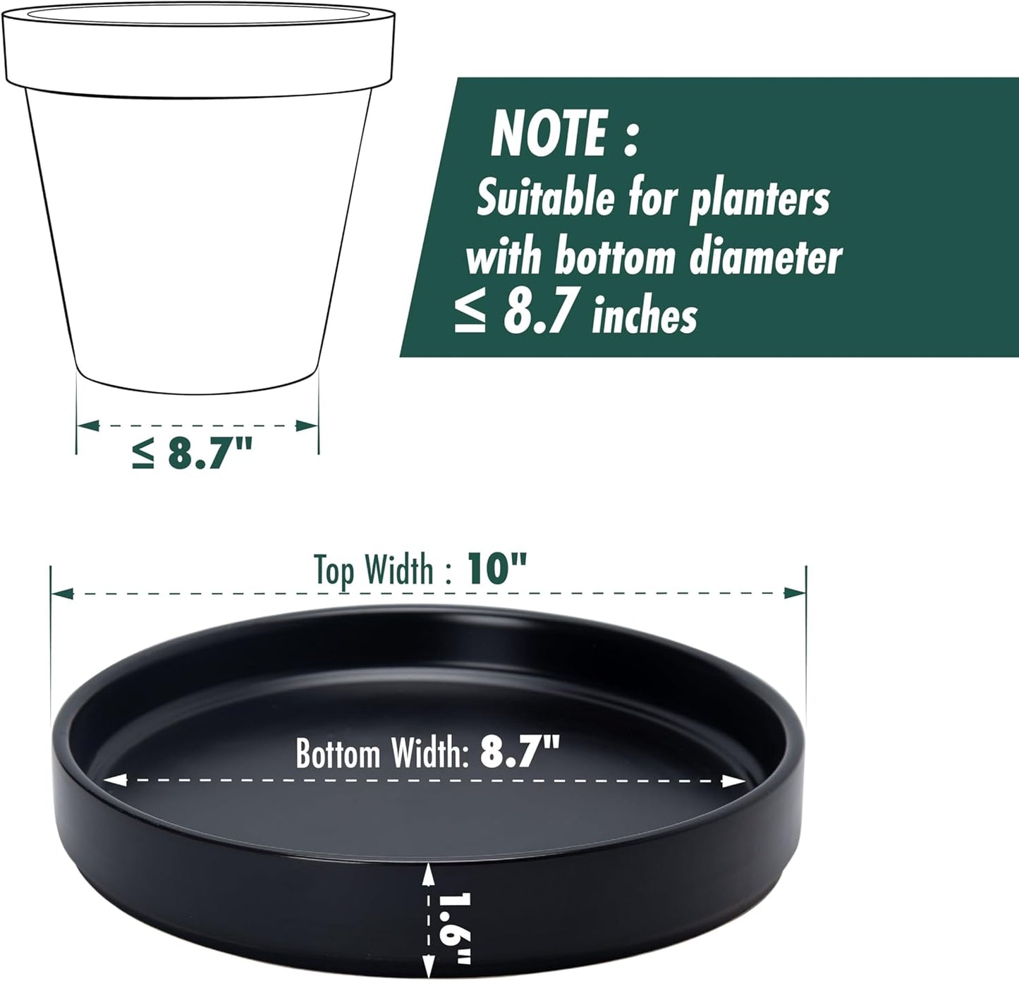 D'vine Dev Modern Round 8.7 Inch Ceramic Plant Pot Saucer, Planter Pot Drainage Tray for Indoor Plants, Matte Black, 97-T-B-4