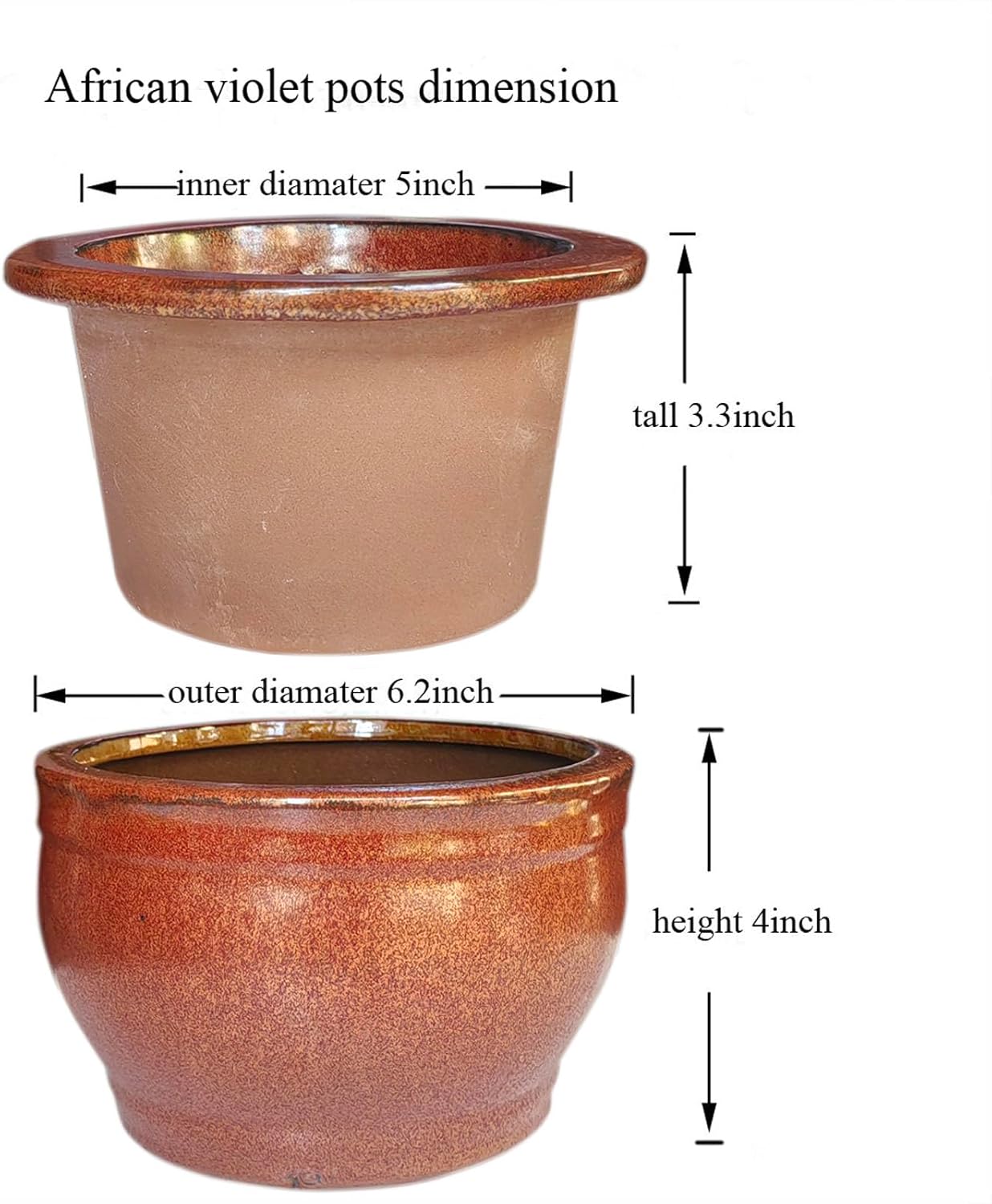 African Violet Pots Self Watering Round Ceramic Violet Pot (Copper, 6 inch)