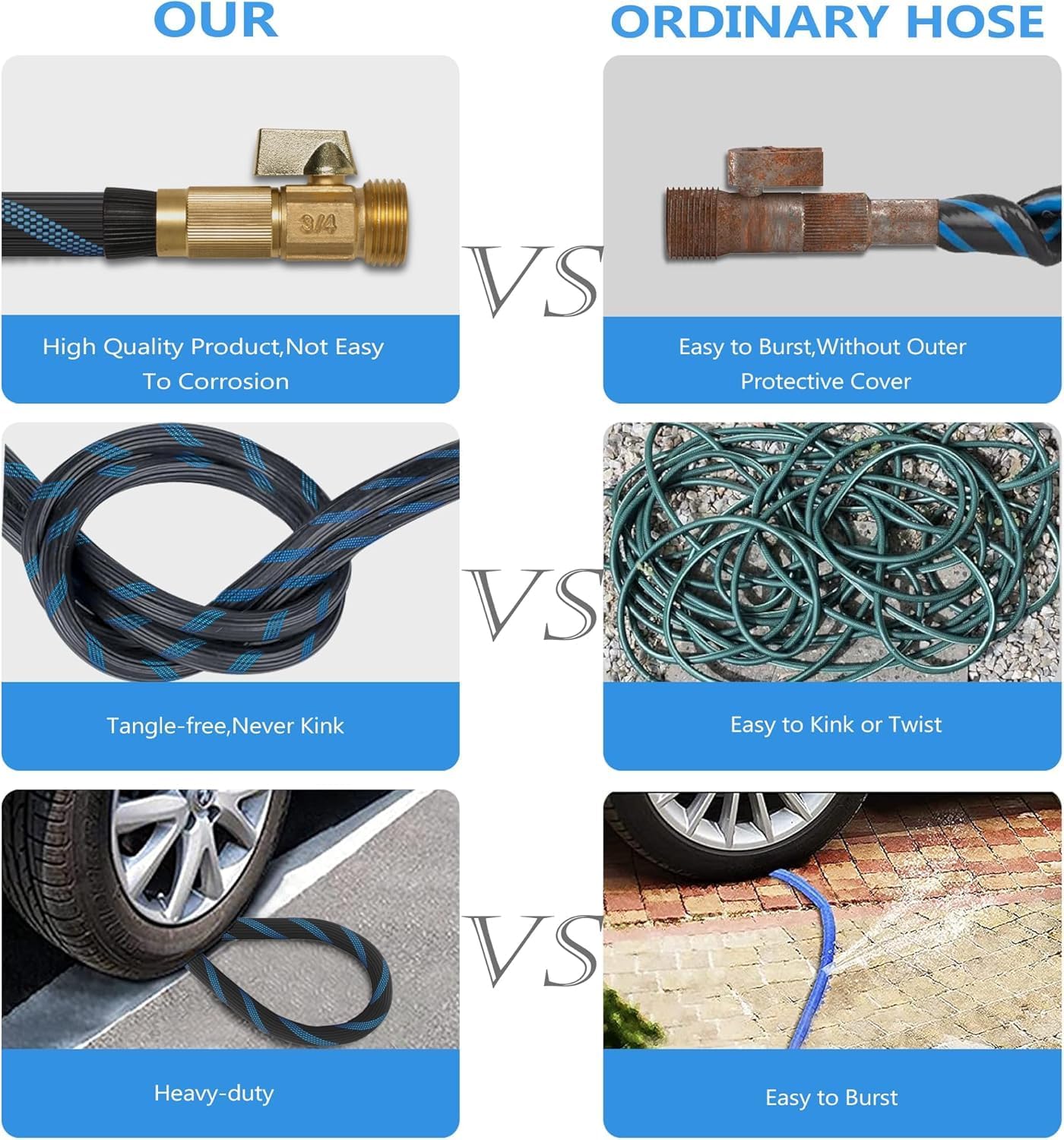 50 ft Garden Hose-No Kink,Heavy Duty,Lightweigh Flexible,Leakproof Water Hose with Sprayer Nozzle-3/4" Solid Brass Connectors-Rubber Car Hoses