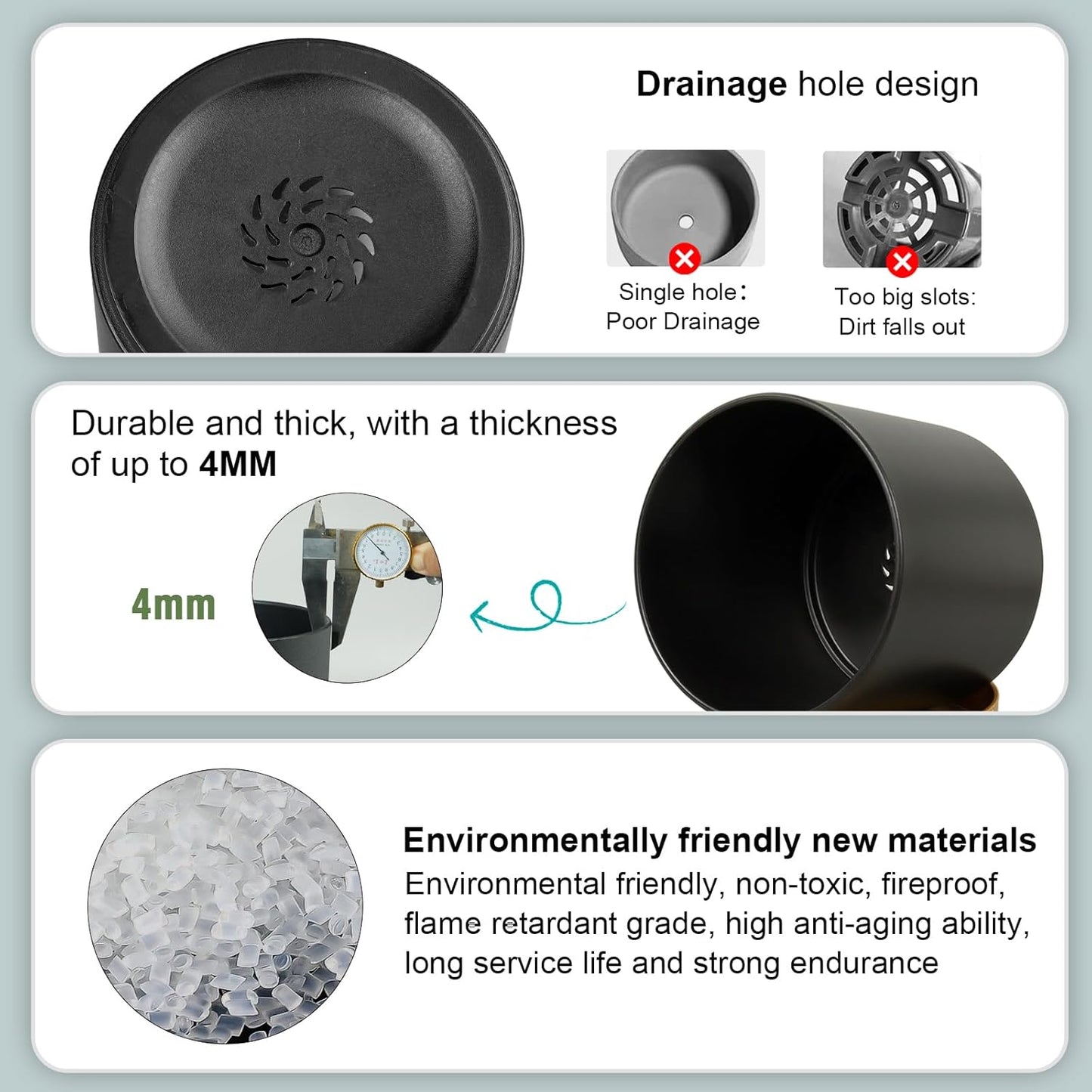 5 Pack Cylindrical Flower Pots with 7/6.5/6/5/4 inch, Modern Small Plastic Plant Pots with Drainage Holes & Saucers, Round Planter Pots for Outdoor, Indoor & Office Decor (Black Brown)