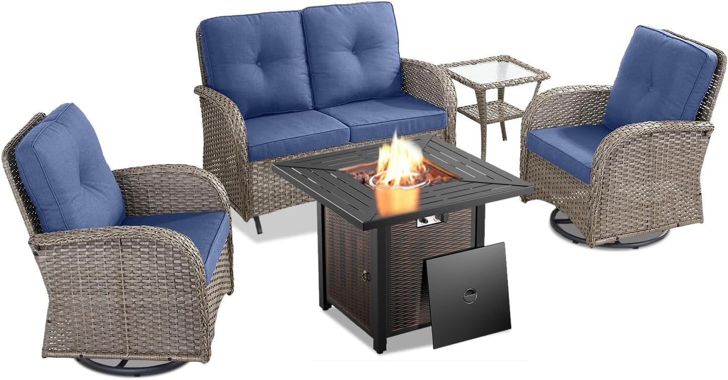5 Piece Outdoor Patio Furniture Set with 50000 BTU Propane Fire Pit Table, Deep Seating Wicker Swivel Rocker Chairs and Loveseat Glider Patio Conversation Set for Deck Poolside Backyard