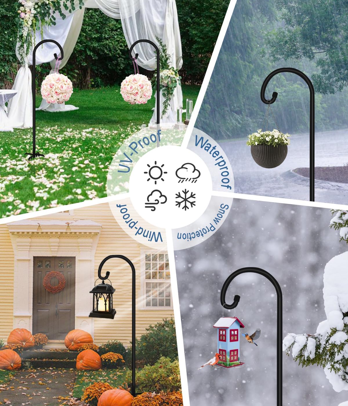 92 inch Outdoor Shepherd Hook with Upgraded 7 Prong Base (1 Pack), Adjustable Heavy Duty Garden Hanging Stake for Bird Feeder Solar Light Plant Hanger Wedding Decor, Matte Black