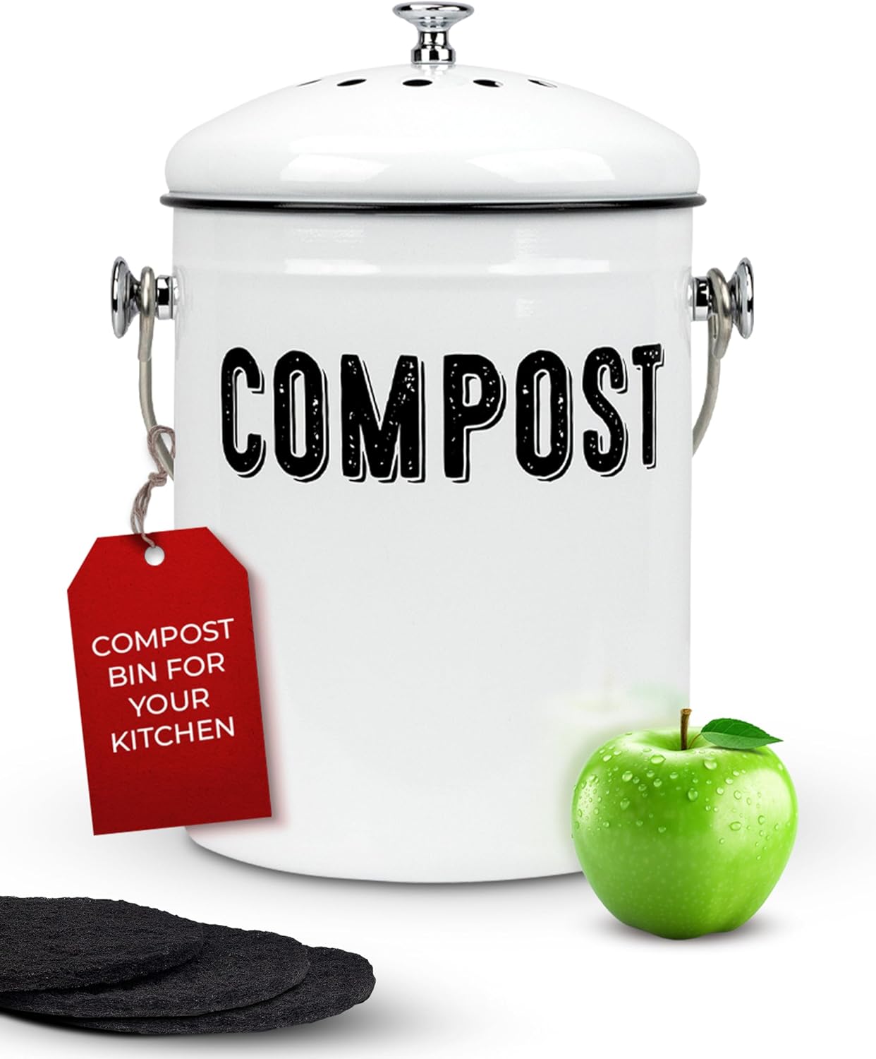 Granrosi Countertop Compost Bin Kitchen - 1.3 Gal Indoor Compost Bucket with Lid for Kitchen; Farmhouse Rust Proof & Odorless Composter Bin for Countertop; 3 Charcoal Filters