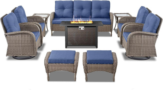 Expansive 10 Pieces Outdoor Patio Furniture Set with 43” Propane Fire Pit Table, Patio Conversation Set with Swivel Rocker Outdoor Chairs Set of 4 and Sofa, Ottoman and Wicker Side Table