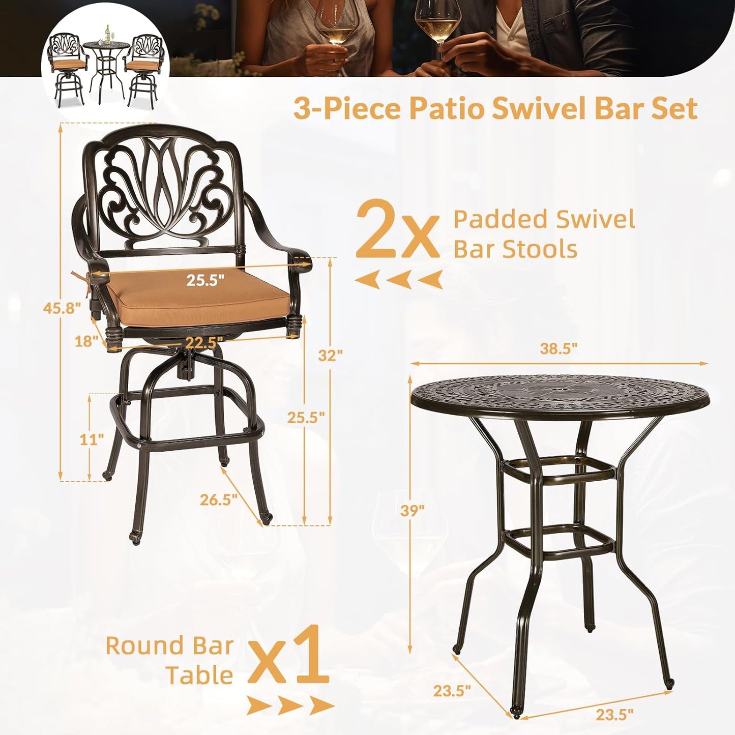 3 Pieces Patio Swivel Bar Set, Patio High Top Bar Table and Chairs Set, All-Weather Cast Aluminum High Swivel Bar Stools Chair Set of 2 and 38.5" Table, Patio Bistro Set for Garden,Balcony