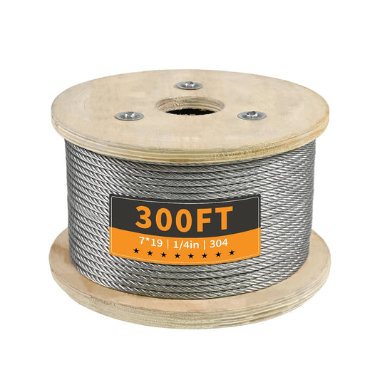 1/4" Stainless Steel Cable 300FT Wire Rope, 7X19 Strands Aircraft Cable, 6400lbs Breaking Strength, for Zipline, Outdoor, Deck Railing, Heavy Duty Applications, Hanging