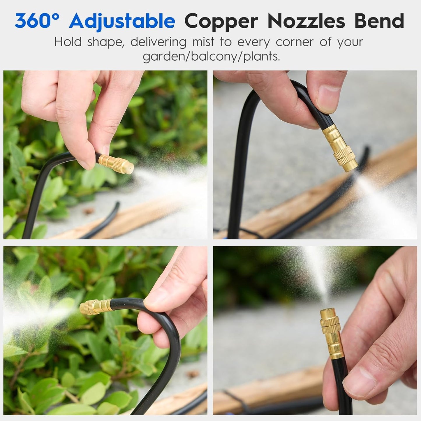 360° Automatic Drip Irrigation Kit - 5/16'' Tubing, Adjustable Universal Spray Nozzle, Copper Atomizing System for Garden/Lawn/Greenhouse - Multi-Directional Rotation, Quick Connectors, 65FT