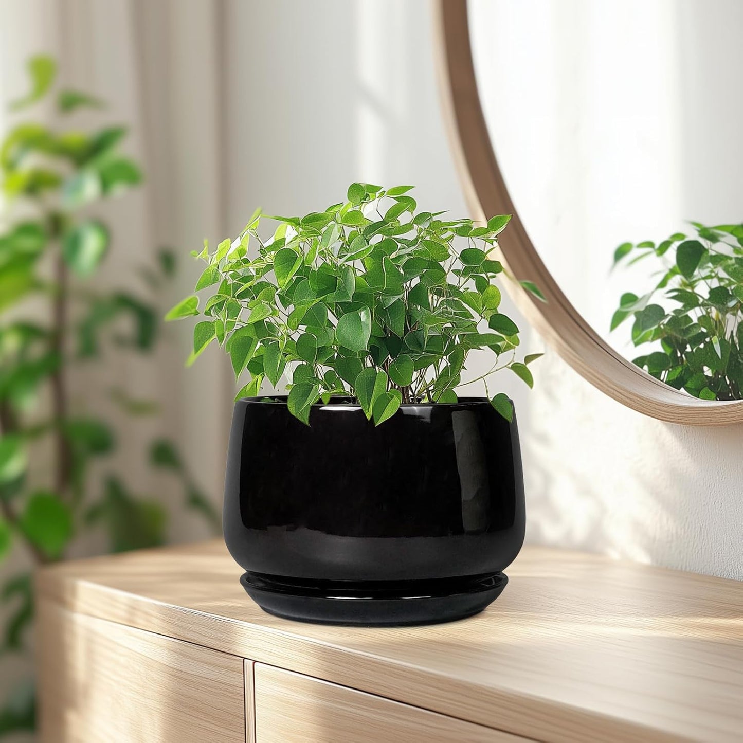 G EPGardening Ceramic Planter 7 Inch - Ceramic Pot for Plants with Drainage and Saucer, Round Plant Pots, Modern Indoor Outdoor Planter, Home Decor, Garden Gifts, Black