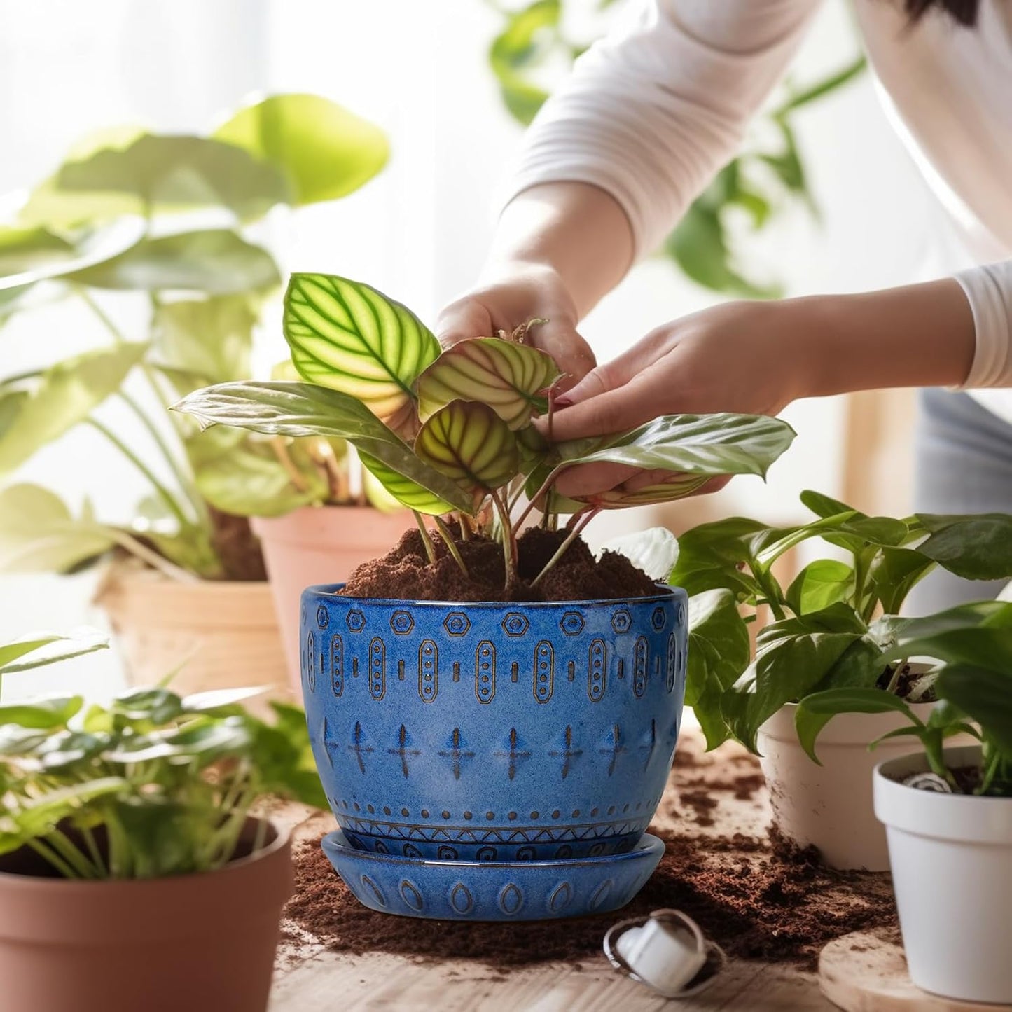 G EPGardening Plant Pot 5 Inch - Ceramic Planter for Indoor Plants Outdoor, Succulent Orchid Pot with Drainage Hole and Saucer, Round Flower Pot for Home Decor, Blue