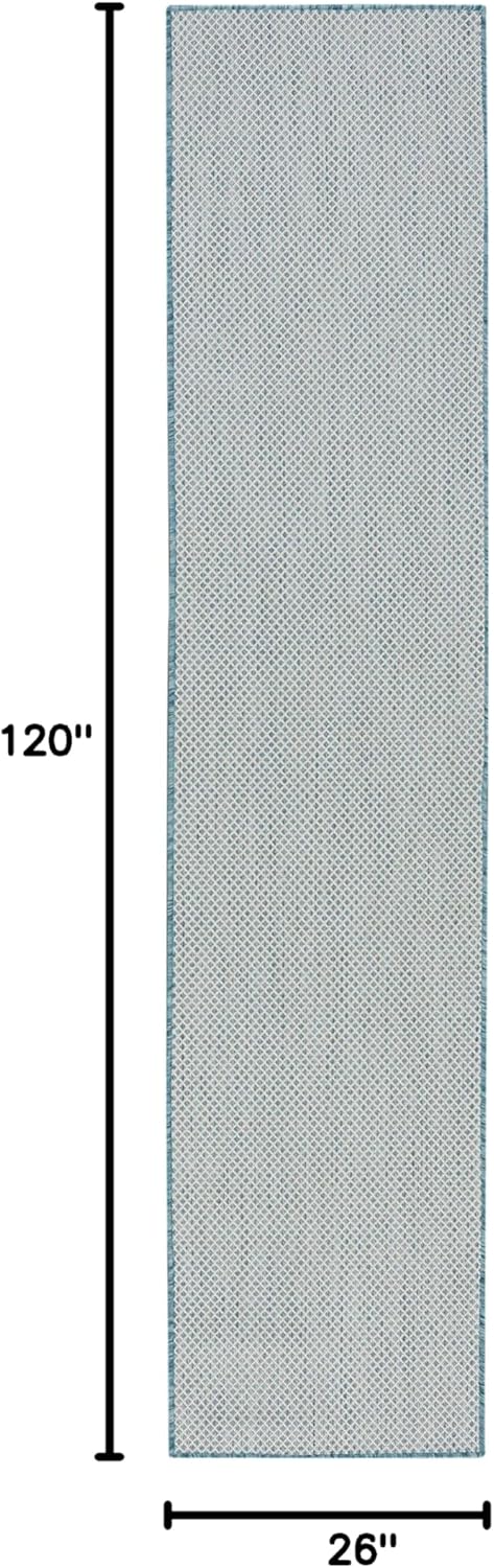 Nourison Home Courtyard Indoor/Outdoor Ivory/Aqua 2'2" x 10' Area Rug, Easy Cleaning, Non Shedding, Bed Room, Living Room, Dining Room, Backyard, Deck, Patio (2x10)