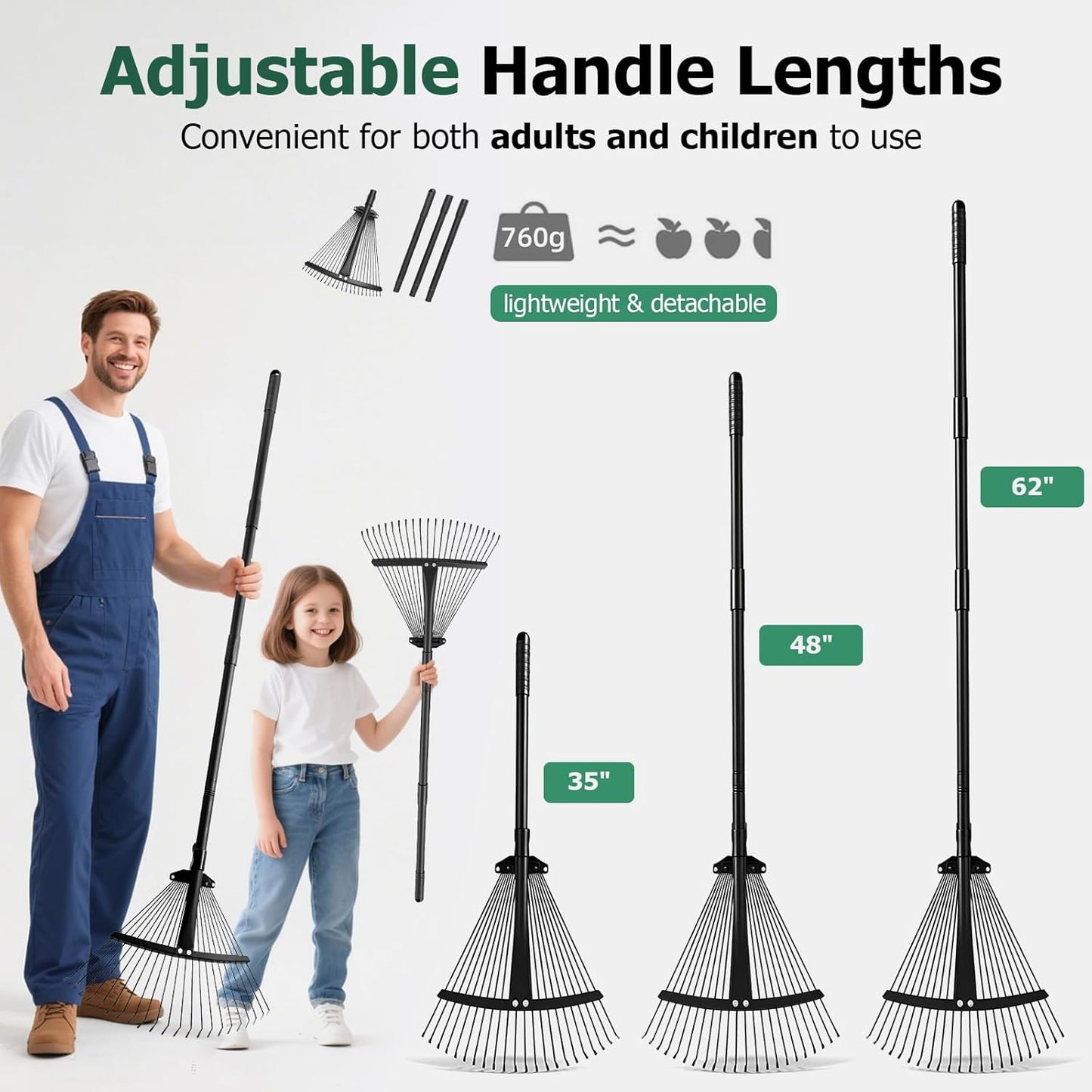 Extra Wide 22-Tines Adjustable Leaf Rake & Leaf Scoops Set, 12"-22" Width Adjustable Metal Garden Lawn Rake for Leaves, Heavy Duty & Lightweight for Flower Bed/Under Shrub/Pine Needle & Narrow Space