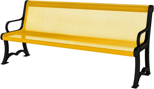 Heavy-Duty Outdoor Bench Thermoplastic Coated, Expanded Metal, Commercial-Grade Garden Bench, Made in America (Portable with Back, 4 Ft, Textured Yellow)