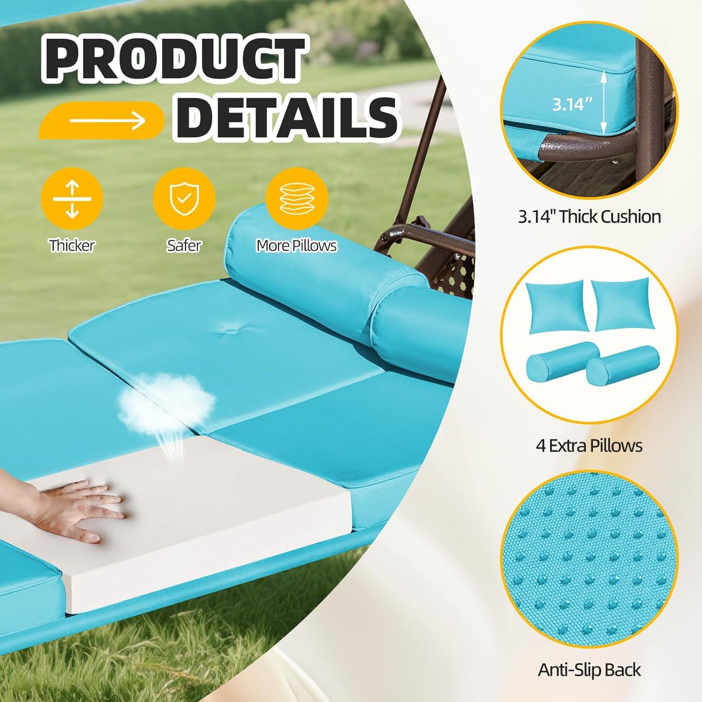 3-seat Patio Swing with Canopy,Convertible Outdoor Swing Bed with Thick Cushions, Pillows & Cup Holders, 3-Seat Outdoor Swings Chair for Backyard, Garden, Deck(Lake Blue)