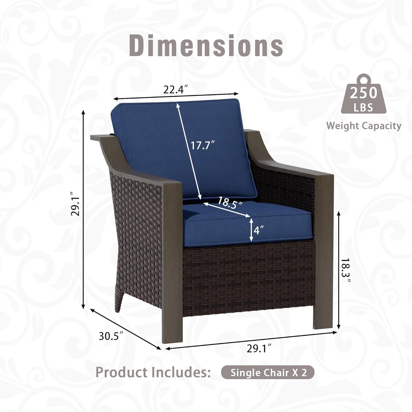 3 Piece Wicker Patio Conversation Set, All-Weather Use Outdoor Wicker Sofa with 2 PE Rattan Chair, Removable Water-Resistant Cushion, Ideal for Porch, Backyard, Balcony, Poolside, Blue