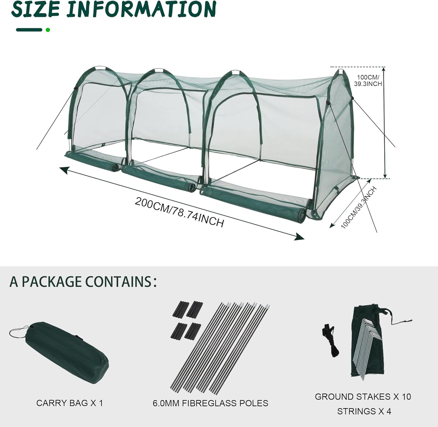 Flexible Net Grow Tunnel - Garden Greenhouse Mesh Cover Growhouse Cloche for Protecting Fruit Vegetables Plants Cultivation (3M)
