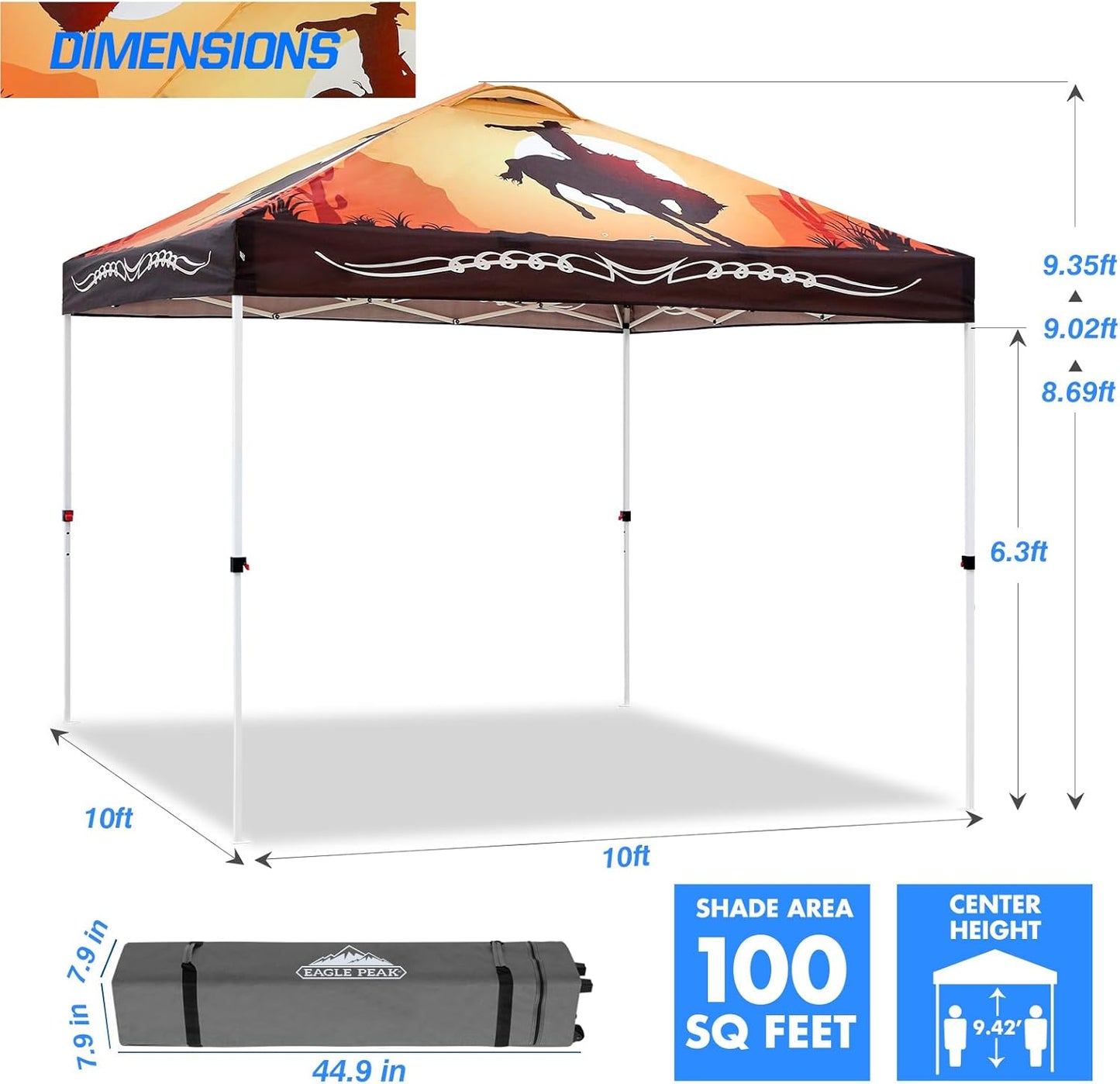 EAGLE PEAK Pop Up Canopy Tent with Wheeled Carry Bag, 8 Stakes, 4 Ropes, 4 Weight Bags, Easy Set Up Tent Canopy, 10x10 ft, 100sqft of Shade, Cowboy