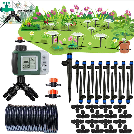 64FT Drip Irrigation Kit with Garden Timer Plant Watering System with Tubing Gushing Nozzles and Water Timer, Quick Connector Kits Easy to Assemble