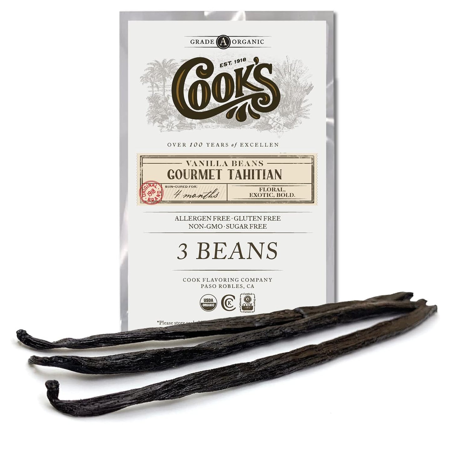 Cook’s, Tahitian Organic Vanilla Beans, Grade A, World’s Finest Gourmet Fresh Premium Vanilla, Certified Organic by CCOF, 3 Whole Beans