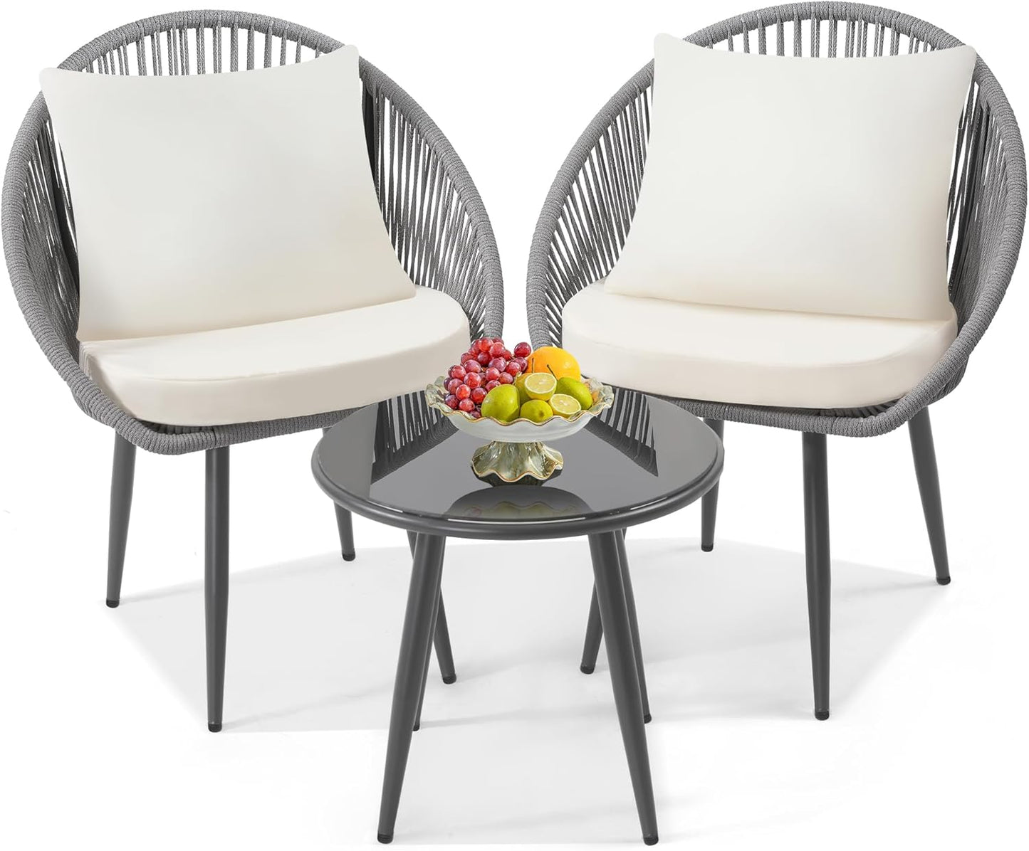 3 Pieces Bistro Set, Woven Rope Chair with Cushions, All Weather Patio Conversation Set and Side Table, Ideal for Deck, Balcony, Poolside, Grey
