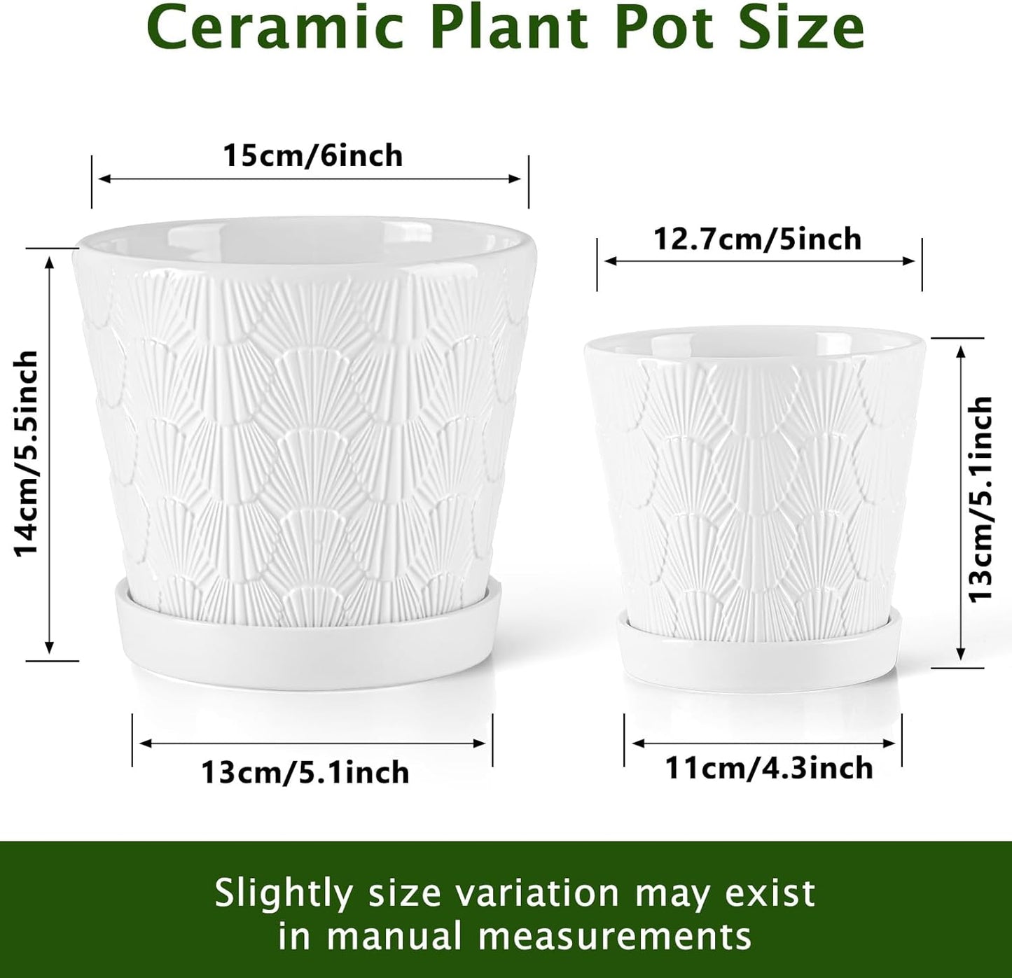 EFISPSS Ceramic Plant Pots, 5+6 Inch Pots for Indoor Plants, Planters with Drainage Holes and Tray, Modern Flower Pots Gardening Home Desktop Office Windowsill Decoration Gift Set of 2 - White