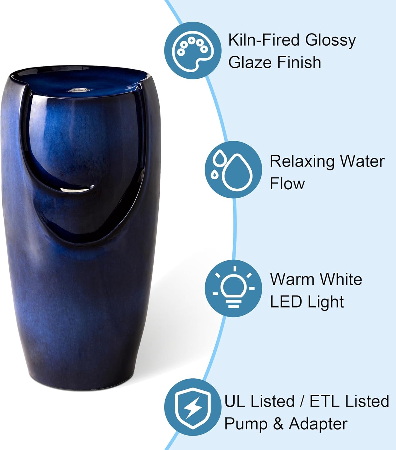 Glitzhome 29.25" H Oversized Ceramic Vase Outdoor Water Fountain Tall Patio Garden Water Fountain with LED Light and Submersible Pump Yard Art Decor, Cobalt Blue