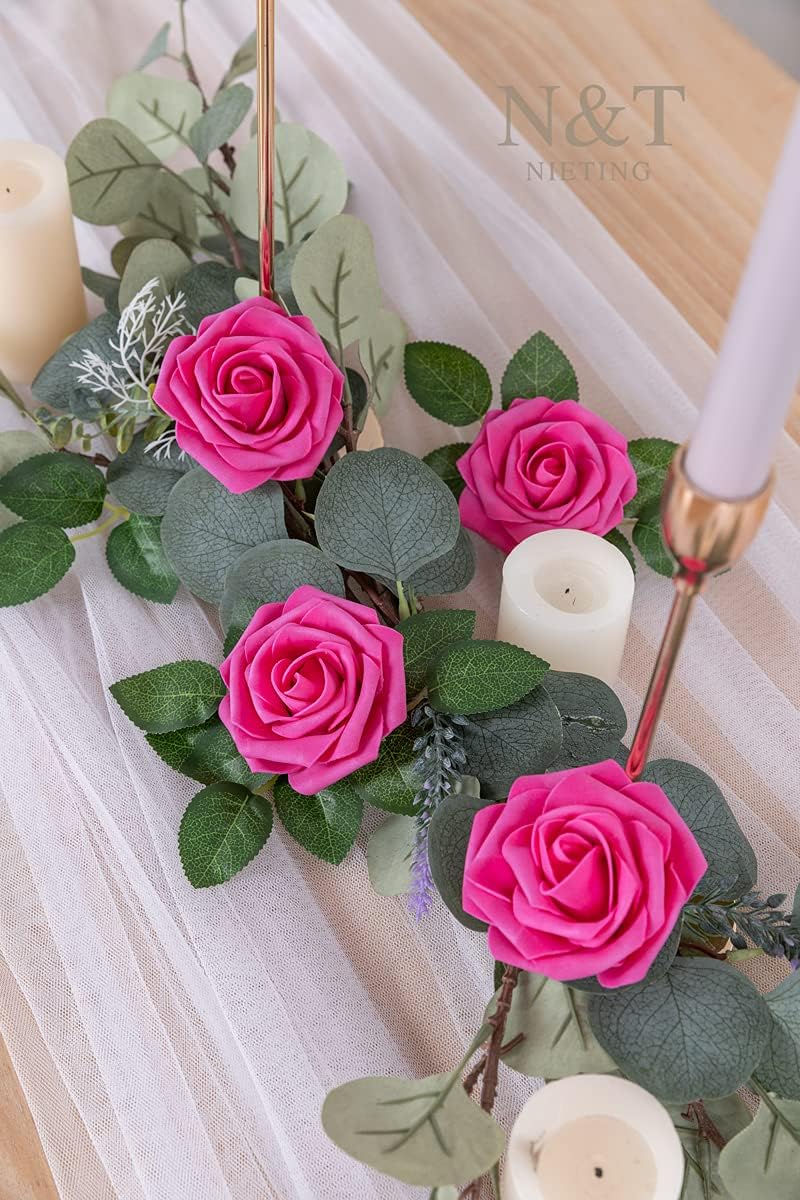 N&T NIETING Artificial Flowers, Hot Pink Artificial Roses, 50pcs Fake Flowers with Stem for DIY Wedding Bouquets Centerpieces Bridal Baby Shower Party Home Arrangement Decoration
