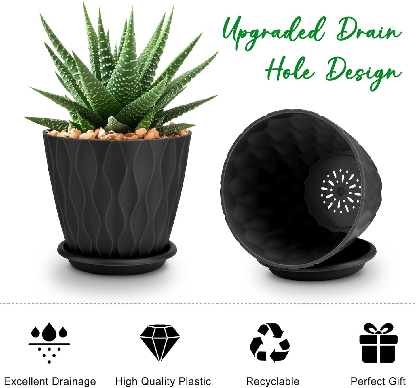 4 inch Plant Pots, 5 Pack Flower Pots Outdoor Indoor, Planters with Drainage Holes and Tray Saucers(Black)