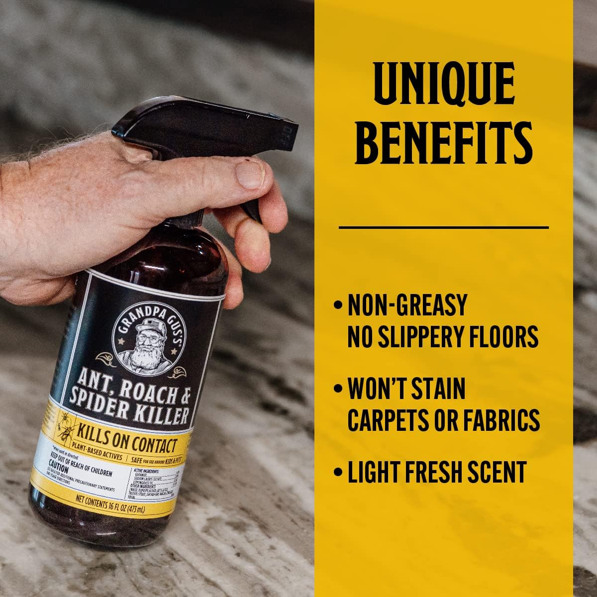 Grandpa Gus's Natural Ant Roach Spider Killer Spray, Fast-Acting Plant-Based Insect Control, Safe for Kids Pets, Indoor Outdoor Use, Non-Greasy, Fresh Scent, 16 fl oz