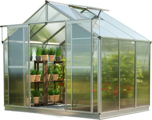 Greenhouse Topas 3 Aluminum Frame 7.4 x 6.4 ft Approx. 8 mm Polycarbonate Panels - with Bonus Base Frame and Automatic Vent Opener