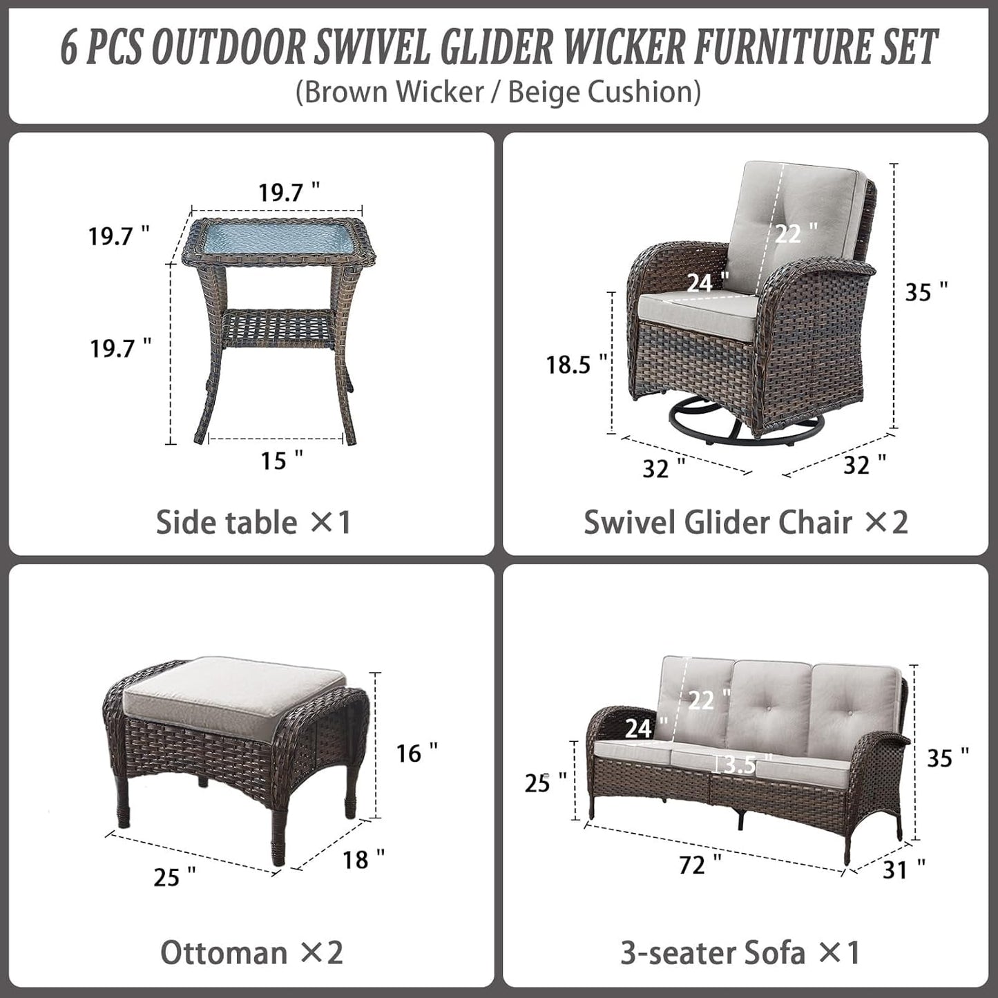 6 Piece Patio Conversation Sets - Wicker Patio Furniture Sets with Outdoor Swivel Rocker Chairs Outdoor Couch Perfect for Deck Patio Backyard, Brown Wicker Beige Cushion