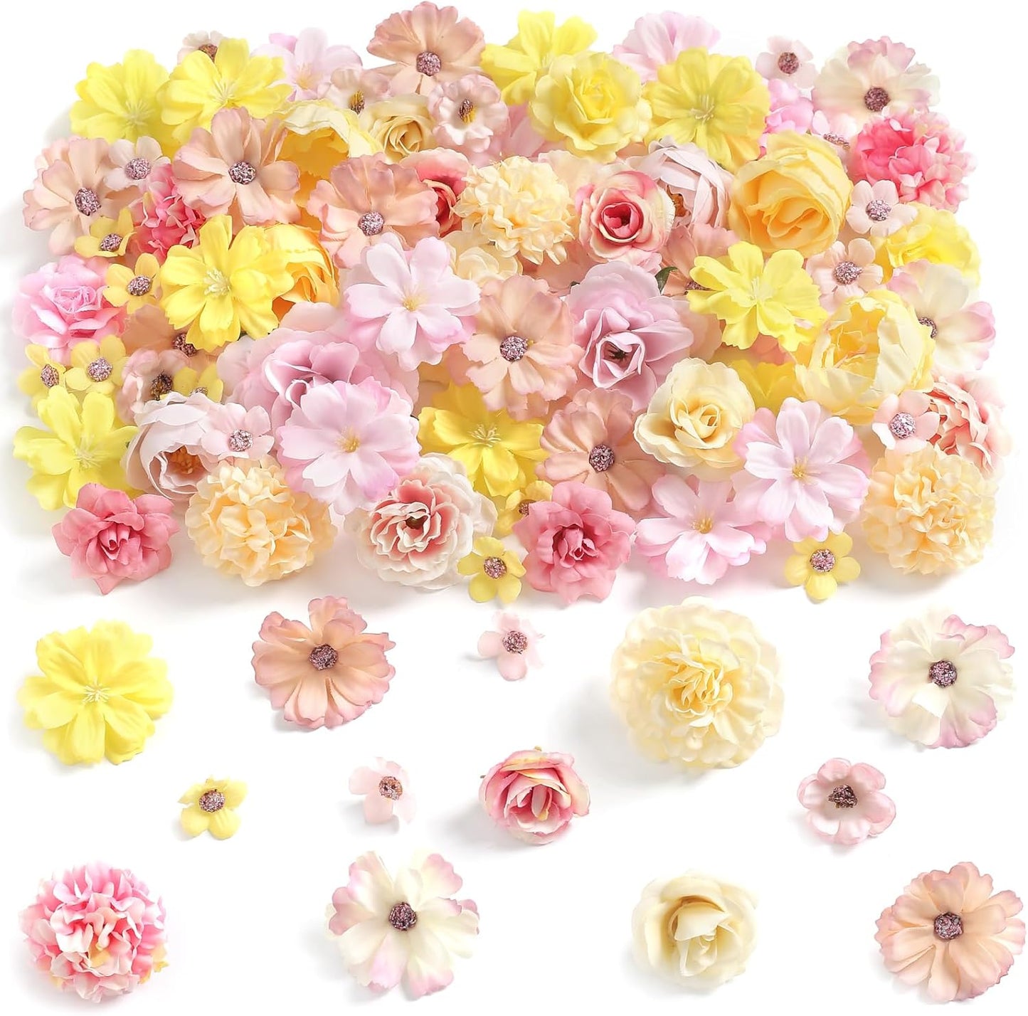 Faux Flower Heads Mini Yellow Pink Artificial Flower Heads Fake Peony Daisy Rose Flowers Multicolor Small Silk Daisy Flower Heads for Craft Garland Wedding Party DIY Home Decoration,2-4 cm