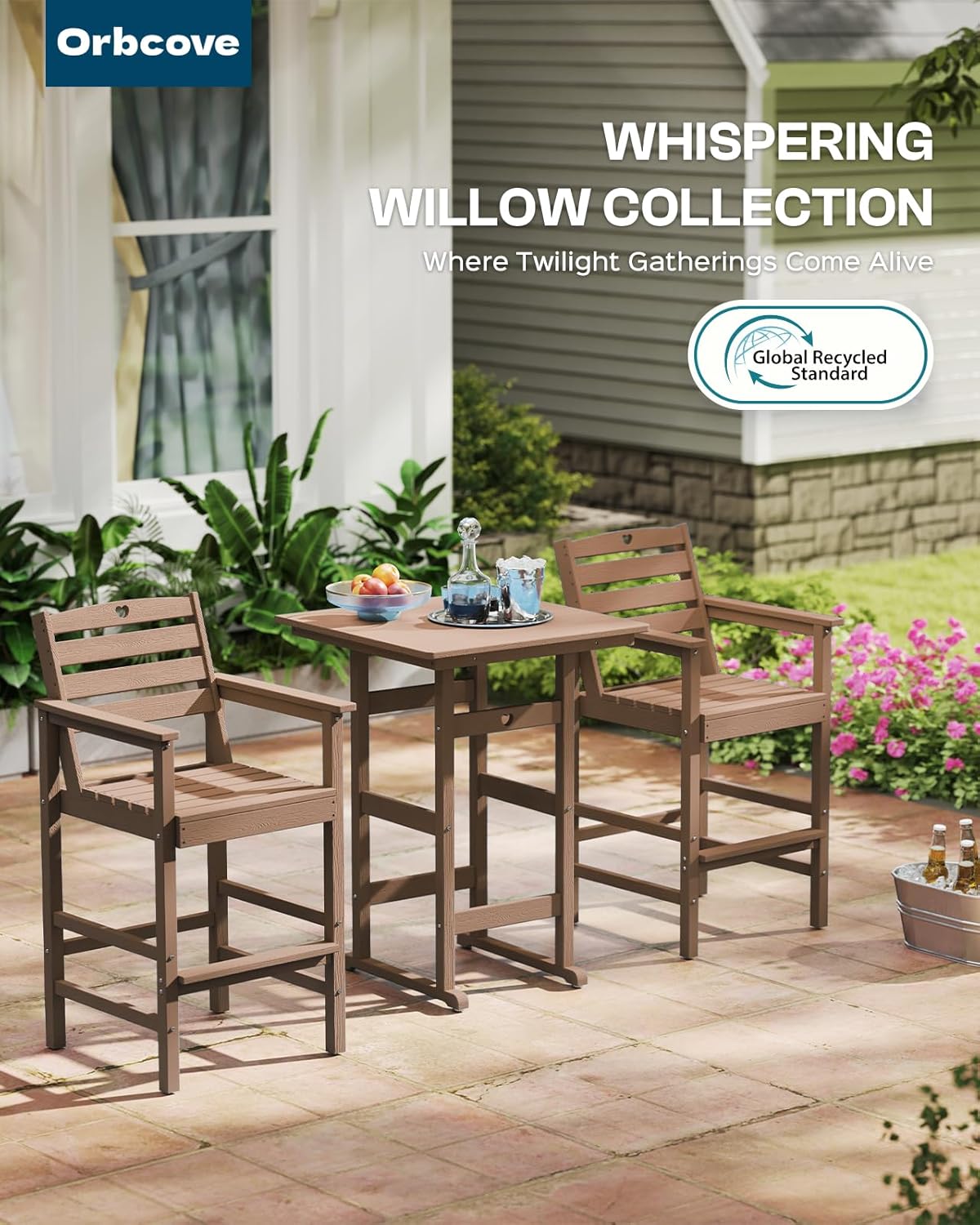 5-Piece Bar Height Outdoor Table and Chairs Set, HDPE Wood Grain Patio Bar Table and Chairs with Heart Cutout Design, Weather-Resistant Bar Height Furniture for Deck, Porch, Pool (Teak)