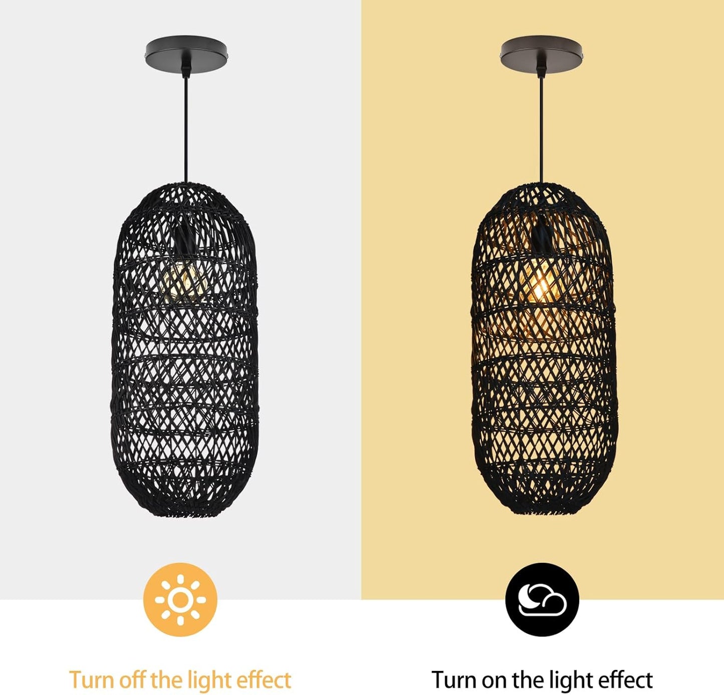 Arturesthome 1 Light Rustic Rattan Basket Pendant Light Fixture, Boho Wicker Chandelier Lamp Black, Coastal Handmade Crafts Lampshade, Farmhouse Hanging Ceiling Lighting for Dining Kitchen