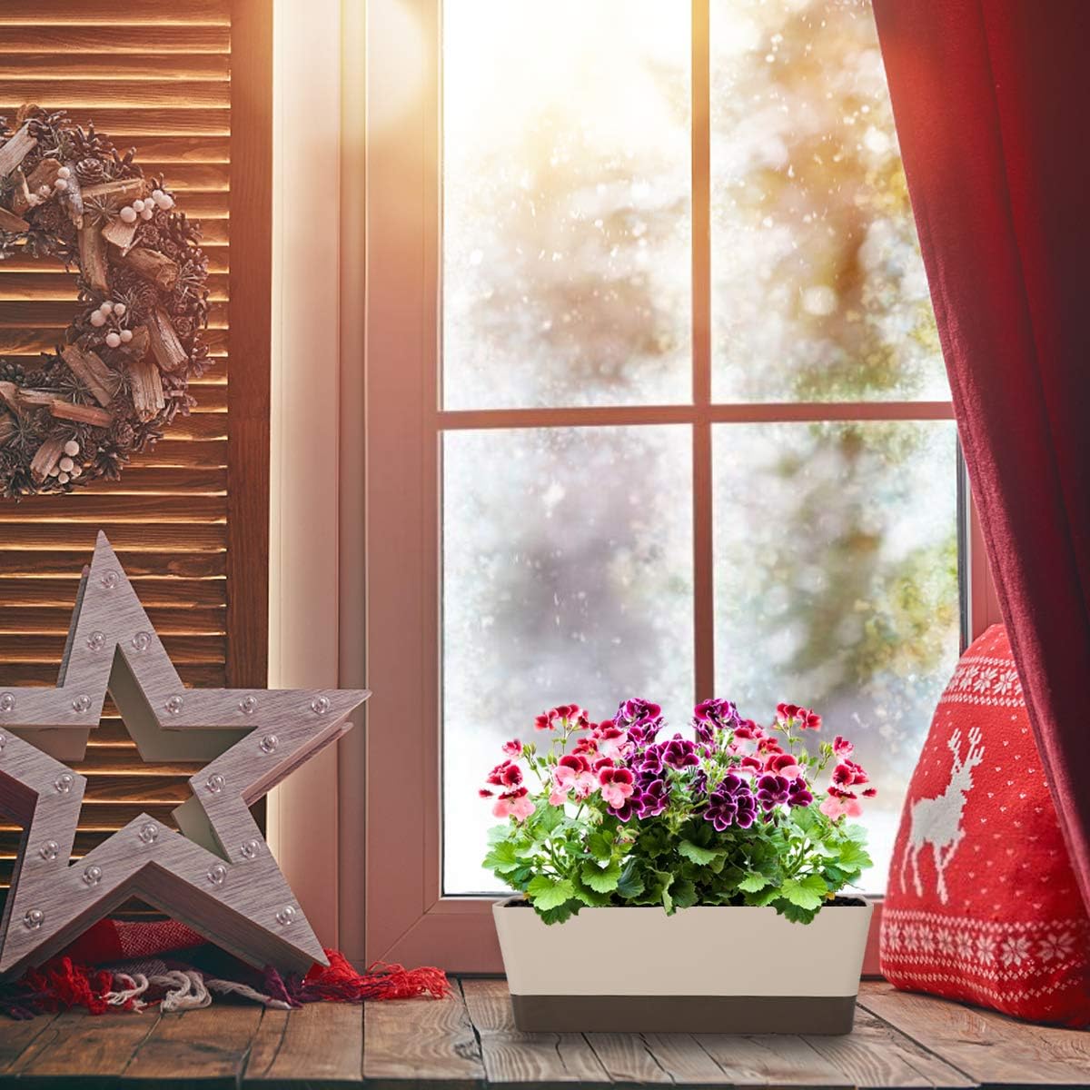 GREANER Window Boxes, 3 Pack 12x3.8 Inch Mixed Color Rectangle Herb Planters with Tray, Indoor Succulent Cactus Plastic Saucer Pot for Windowsill, Balcony, Office, Outdoor Garden (Black, White, Beige)