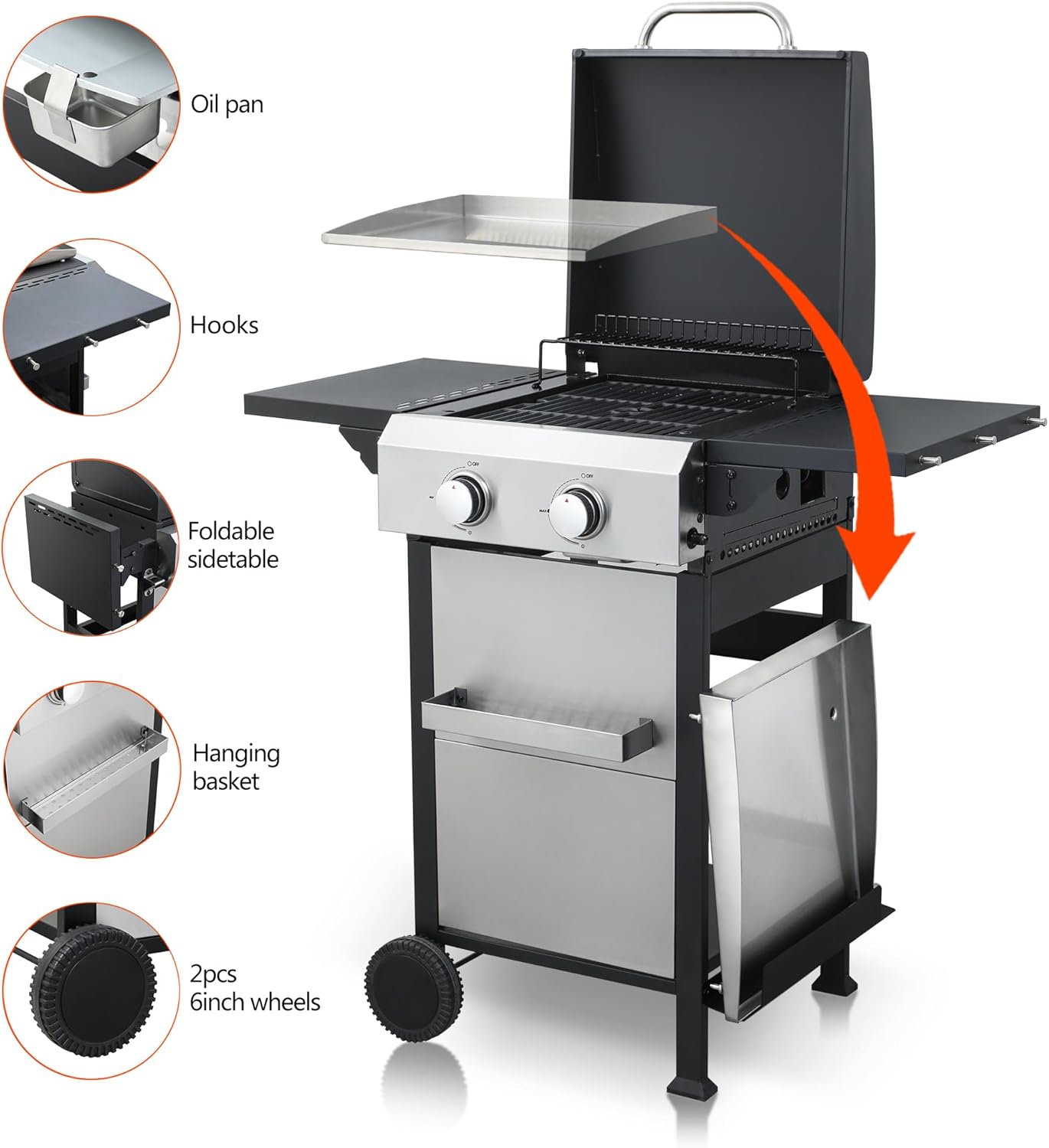 2-Burner Propane Gas BBQ Grill with SS Plancha, 24,600 BTU Output, Wire Enamel Cooking Grids, Foldable Side Table and Hanging Basket, Compact Stainless Steel Grill