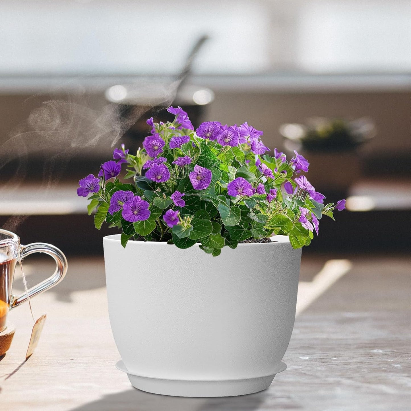 12 inch Large Plant Pots, Plastic Planters with Drainage Holes and Saucers, Flower Pots for Indoor Outdoor Plants, Modern Decorative Pots for Garden House Plants, White