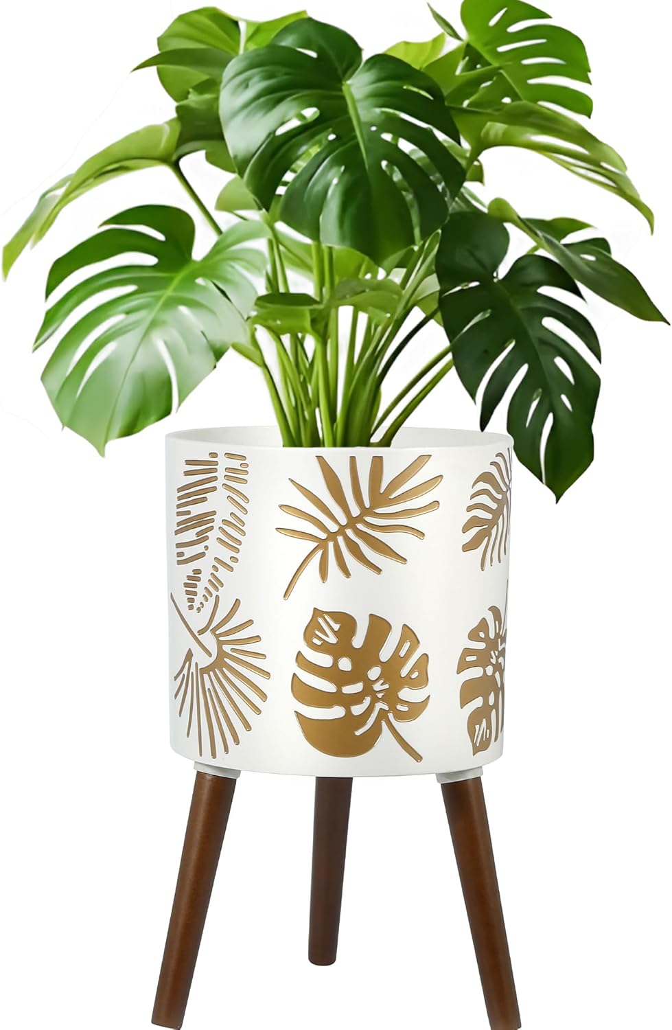 12 Inch Planter for Indoor Plant, Plant Pot with Stand Plants with Stand, Large Planters for Indoor Plants,Flower Pot with Drainage Holes for Outdoor,White and Gold