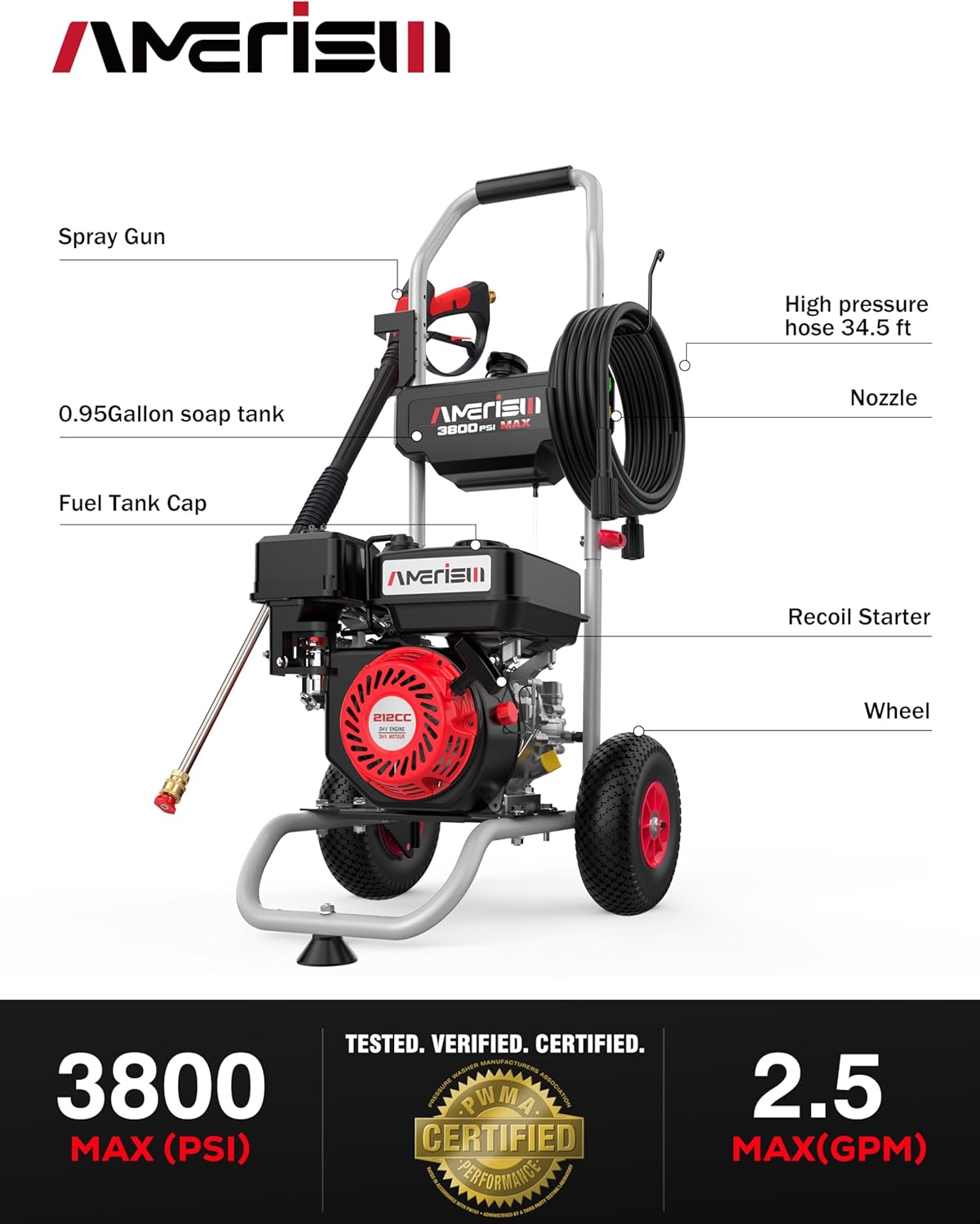 Gas Pressure Washer 3800 PSI and 2.5 GPM, 212CC, with Onboard Soap Tank, 10" Wheel, 5 Nozzle Set, for Cars/Fences/Homes/Patios/Furniture