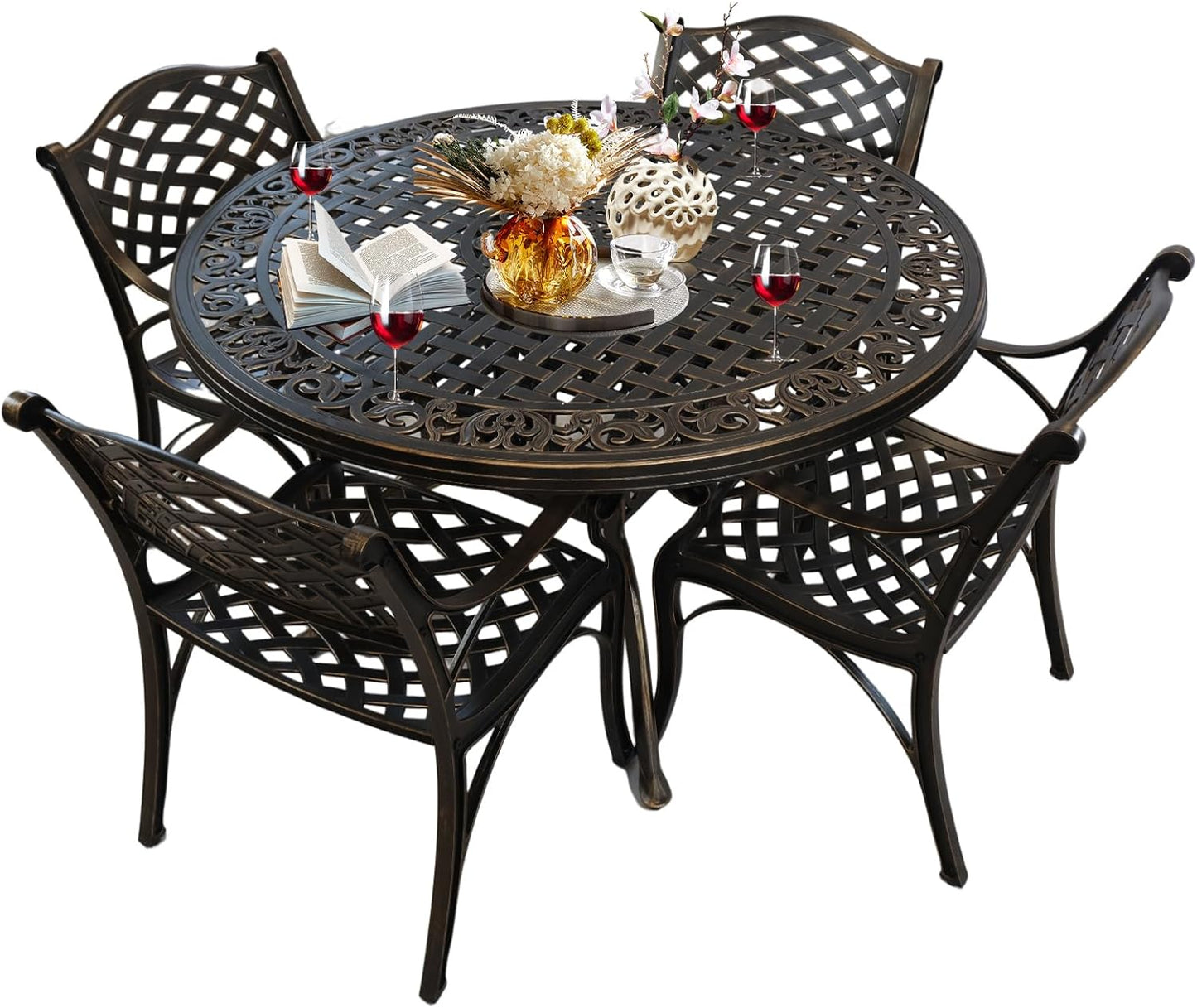 5 Piece Modern Outdoor Dining Set for 4, Bronze Aluminum Patio Table and Chairs, 48" Round Table with Umbrella Hole, Weather Resistant