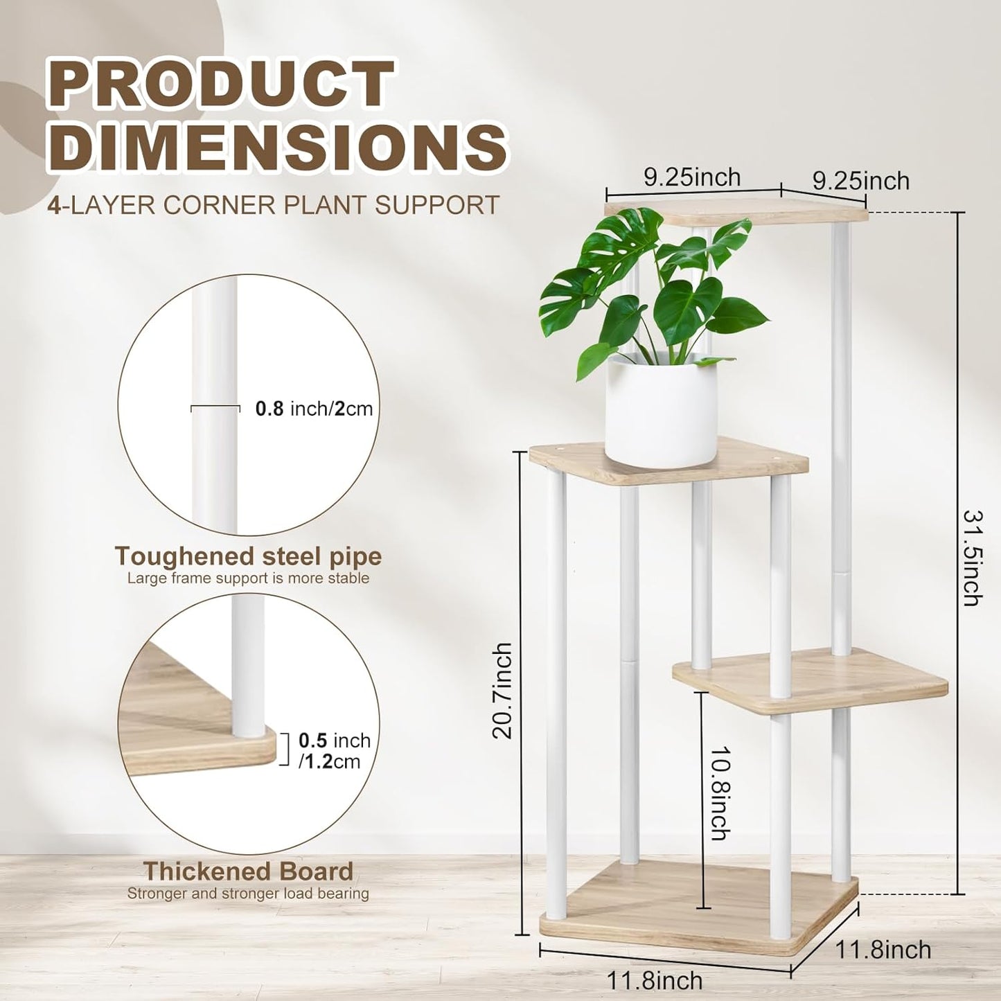 4 Tier Indoor Plant Stand Flower Shelf for Multiple Plants Corner, Tall Flower Holders for Patio Garden Living Room Balcony Bedroom(White Oak)