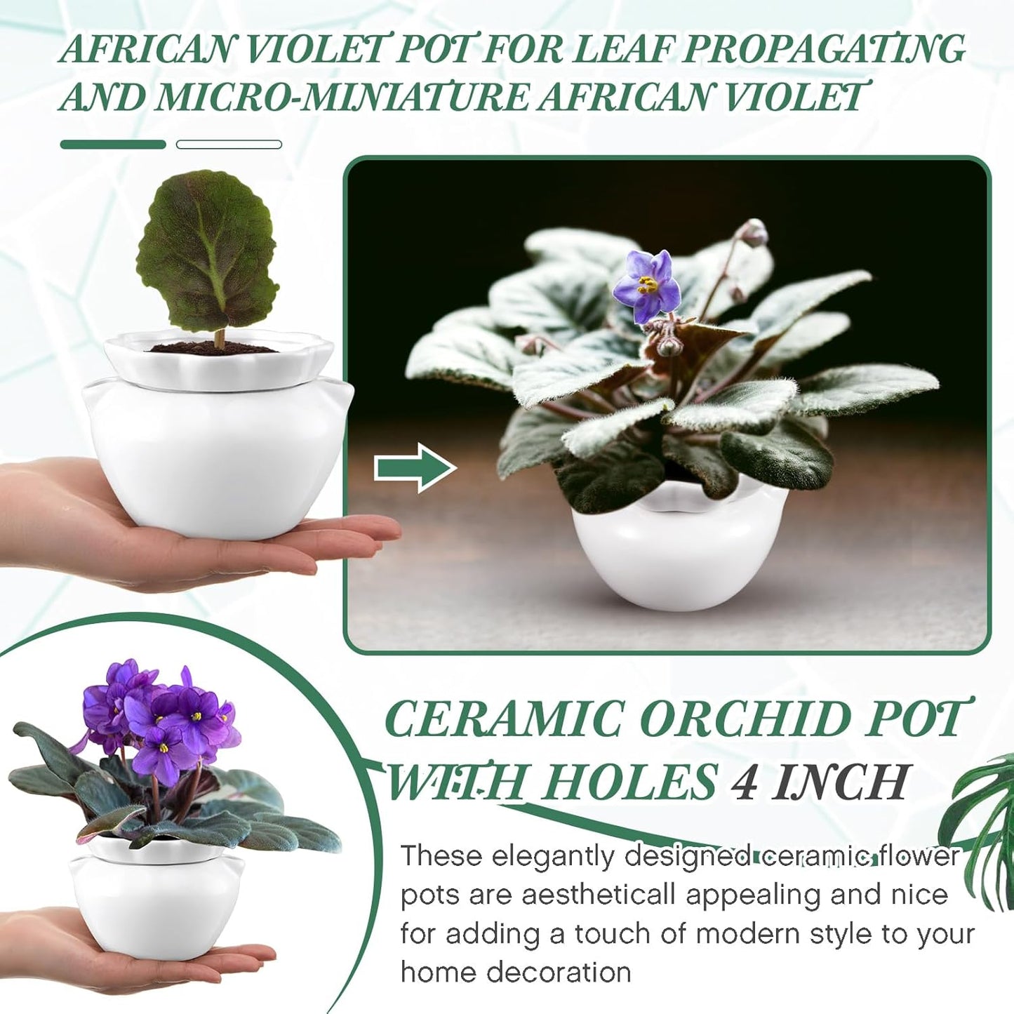 4 Set 4 Inch African Violet Pots Self Watering White Ceramic Planter Highly Absorbent Inner Planter Pot for Indoor Plants Plant Lovers Ideal Plant Pot Thriving Plant Flower Maintenance