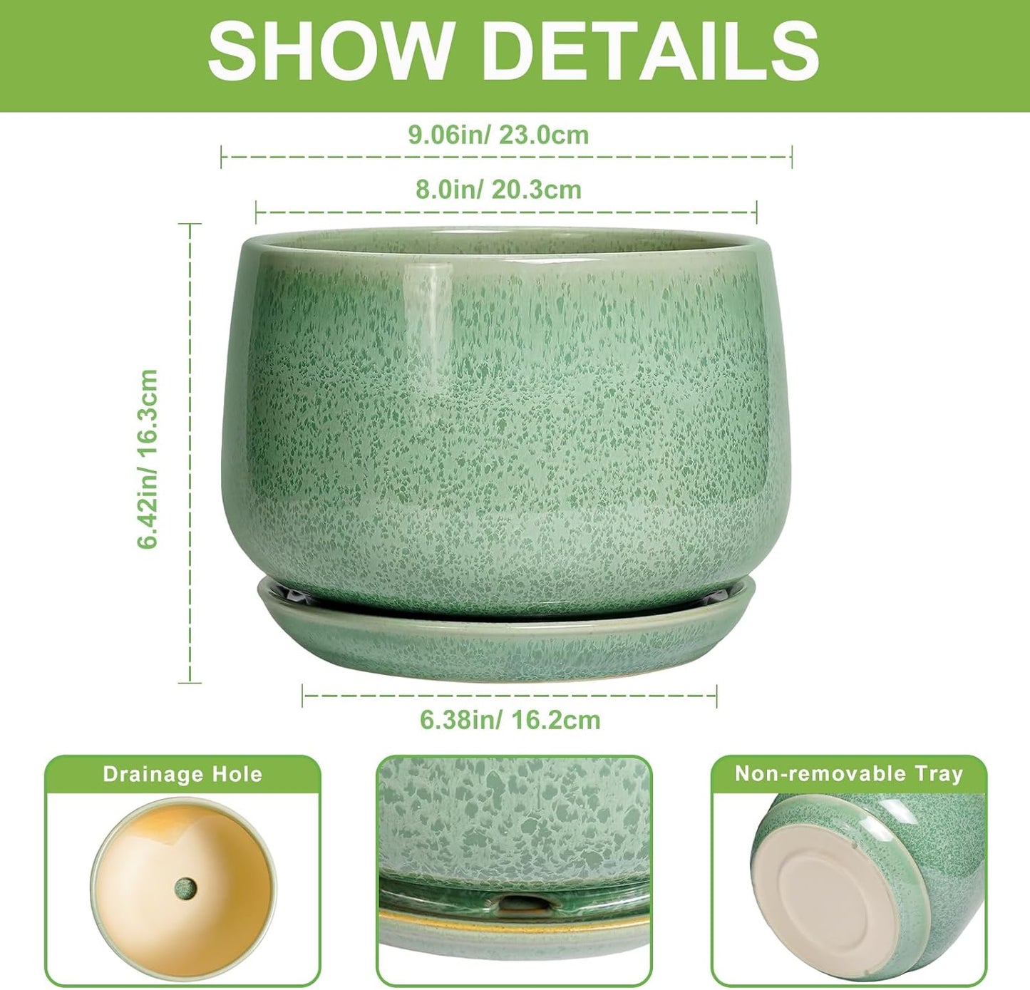 G EPGardening Ceramic Planter - 9 Inch Plant Pot with Drainage Hole and Saucer, Modern Round Planter, Flower Pot for Indoor Outdoor Plants, Garen House Room Decor, Housewarming Gifts, Green