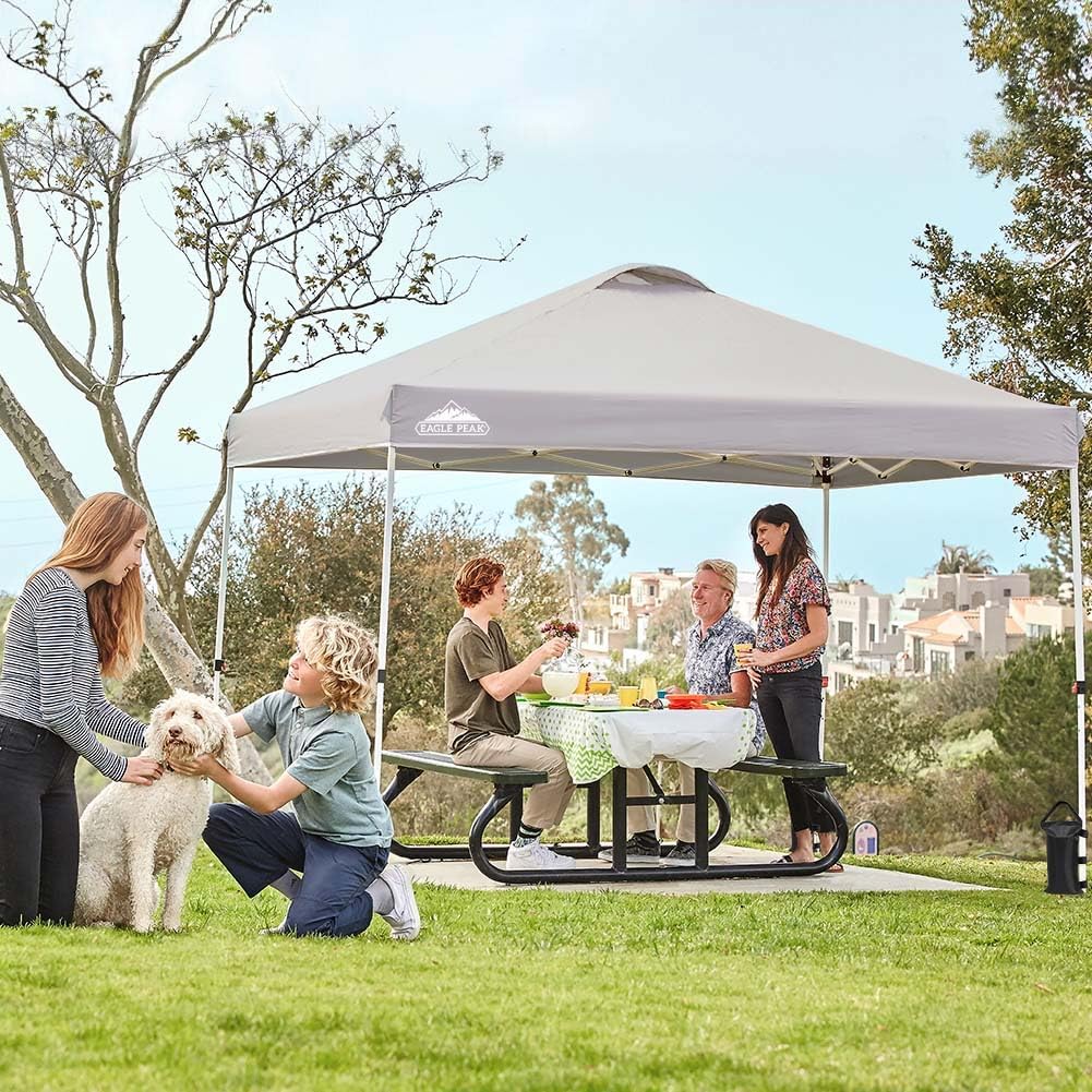 EAGLE PEAK Pop Up Canopy Tent with Wheeled Carry Bag, 8 Stakes, 4 Ropes, 4 Weight Bags, Easy Set Up Tent Canopy, 10x10 ft, 100sqft of Shade, Light Gray