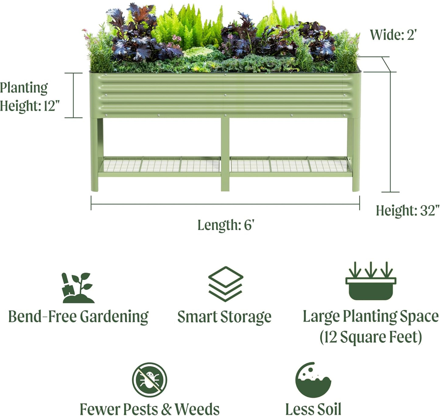 Elevated Raised Garden Bed-V Series, 2' x 6' Garden Beds with Legs & Storage Rack for Patio Porch, 1000 Lbs Weight Capacity, Outdoor Planter Boxes for Gardening Herbs Vegetables Flowers, Pearl White