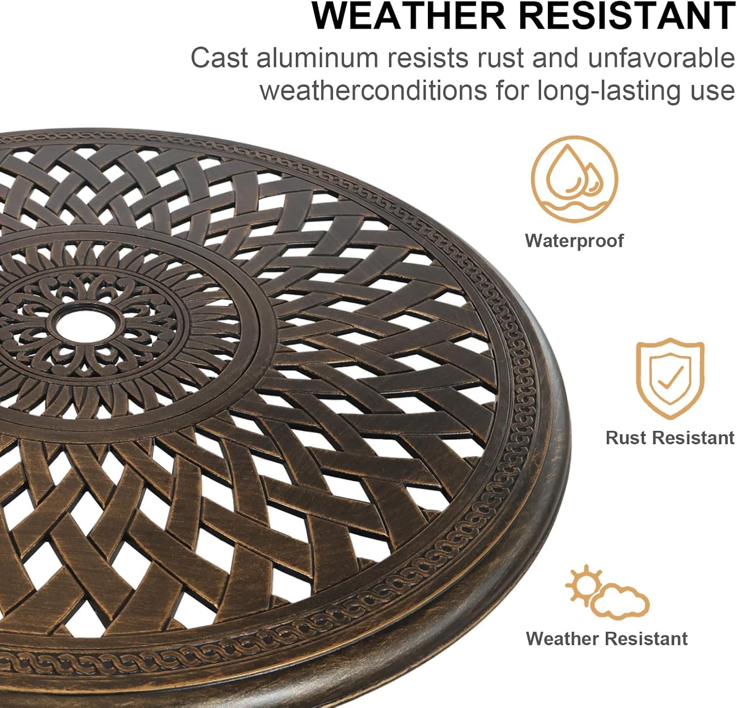 30.7" Outdoor Round Cast Wrought Aluminum Patio Metal Dining Table with Umbrella Hole, Cast Aluminum Frame Bistro Table for Backyard Lawn Balcony Deck, Bronze