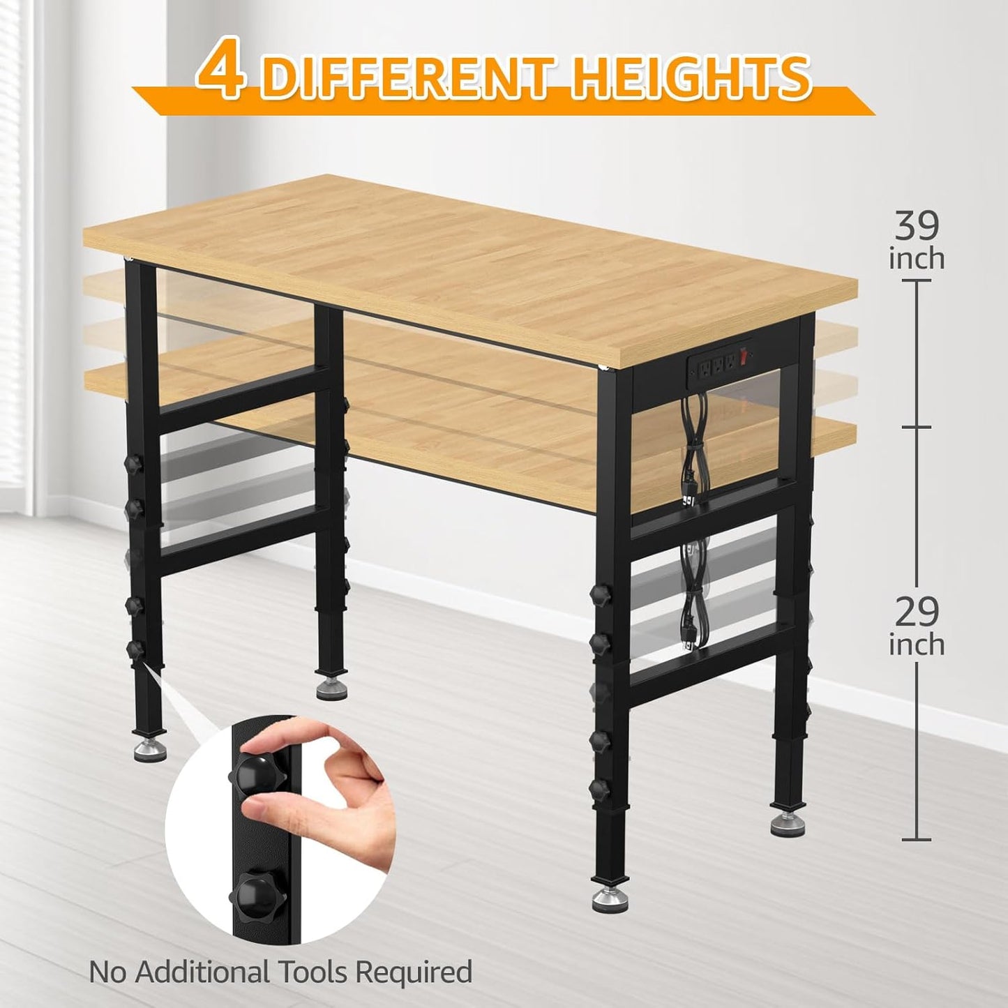 48" Adjustable Workbench,Heavy-Duty Work Table,3000 LBS Load Capacity Particleboard Hardwood Workstation Outlets with Power Strips and Fixed feet,for Workshop, Garage