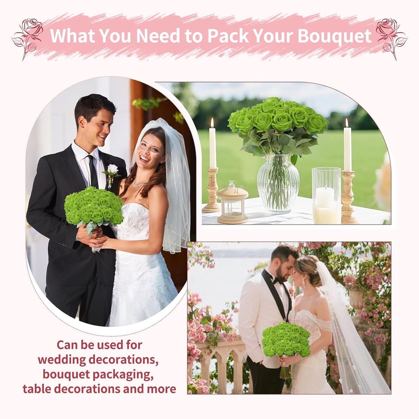 55 PCS Fake Roses Artificial Flowers Bulk, Green Roses Bridal Bouquet Silk Faux Rose with Stems for Wedding Flowers Decoration, Valentine's Day, Bridal Bouquet, Anniversary,Home Decor (55PCS, Green)