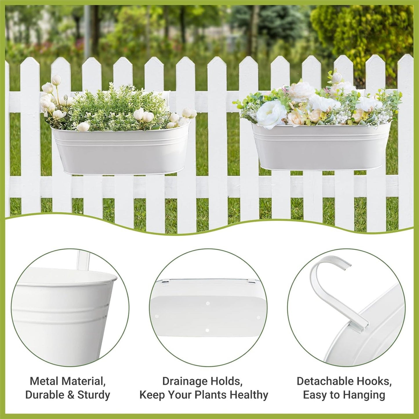 Dahey 4 Pcs Metal Iron Hanging Flower Pots for Railing Fence 15.7 Inch Hanging Bucket Pots Countryside Style Window Flower Plant Holder with Detachable Hooks for Garden Yard Home Decor, White